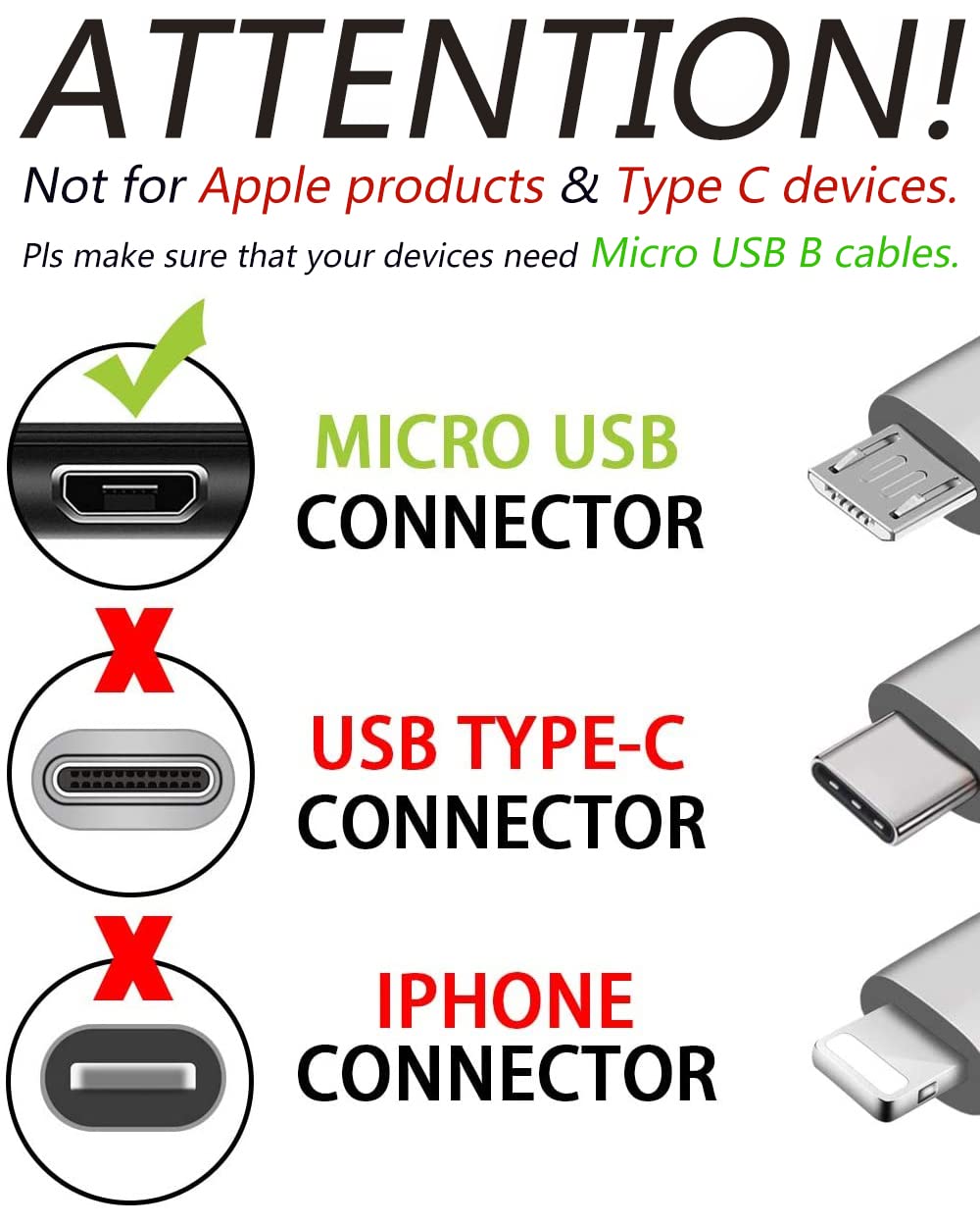 MYFON Micro USB cables, 2-pack with 6ft length, for fast charging and high-speed data transfer on Android phones like Samsung Galaxy.