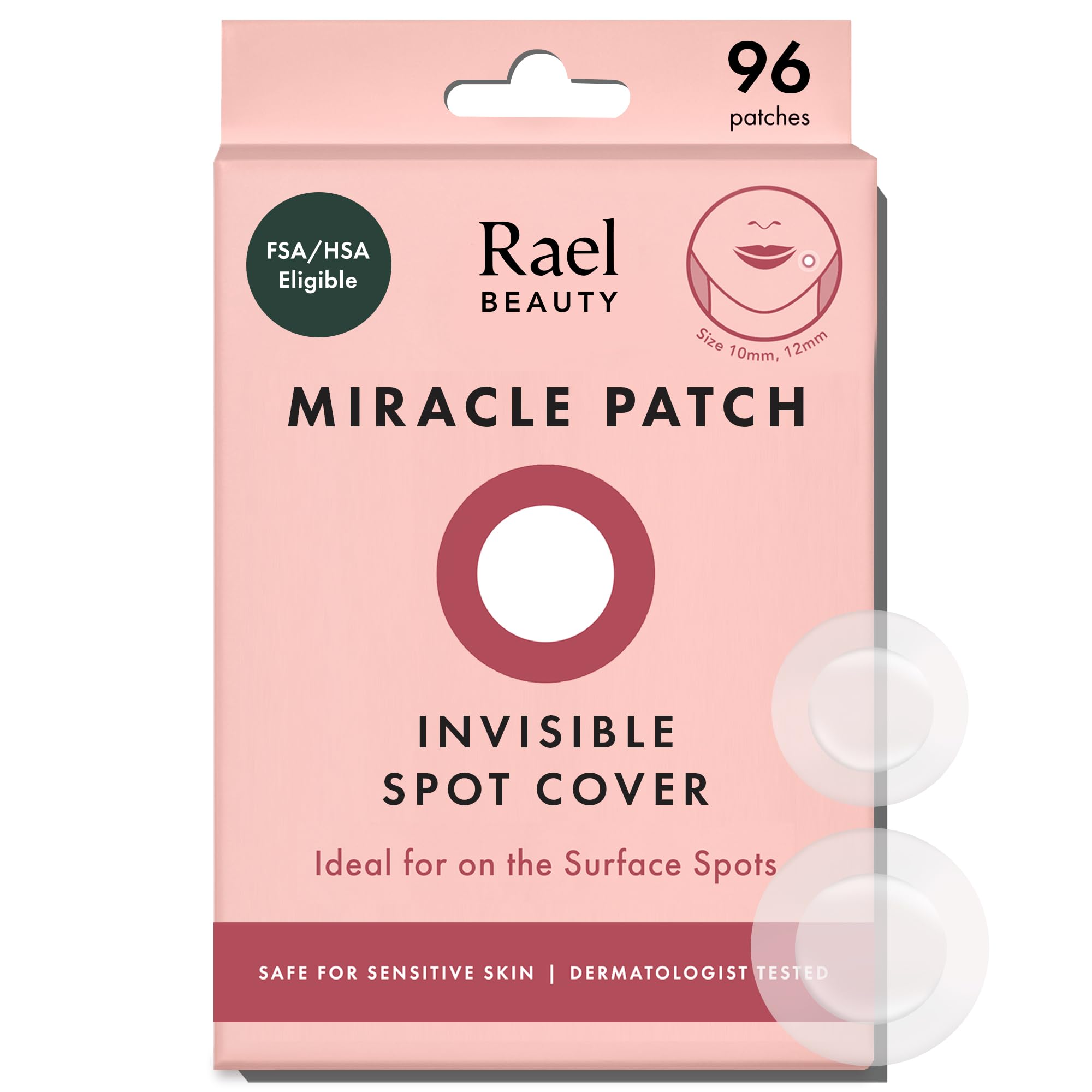 Rael Miracle Hydrocolloid Acne Pimple Patches in a 96-count package, designed to cover and treat blemishes effectively.