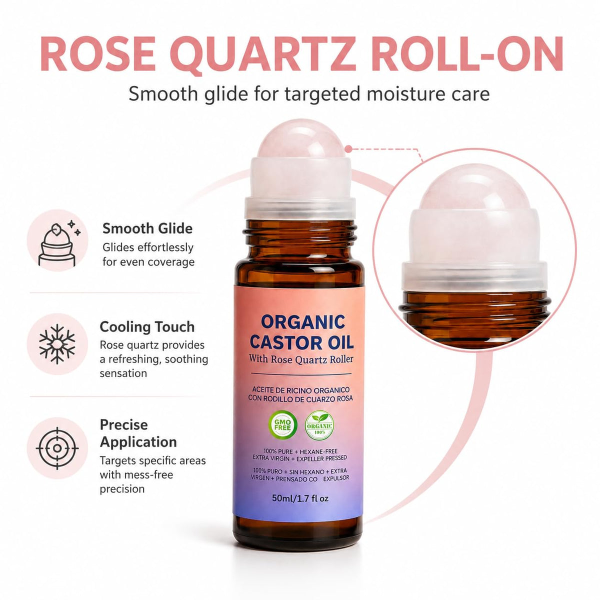 Organic Castor Oil Rose Cold Pressed With Rose Quartz Roller - LFuTPm Official Imagery - 3