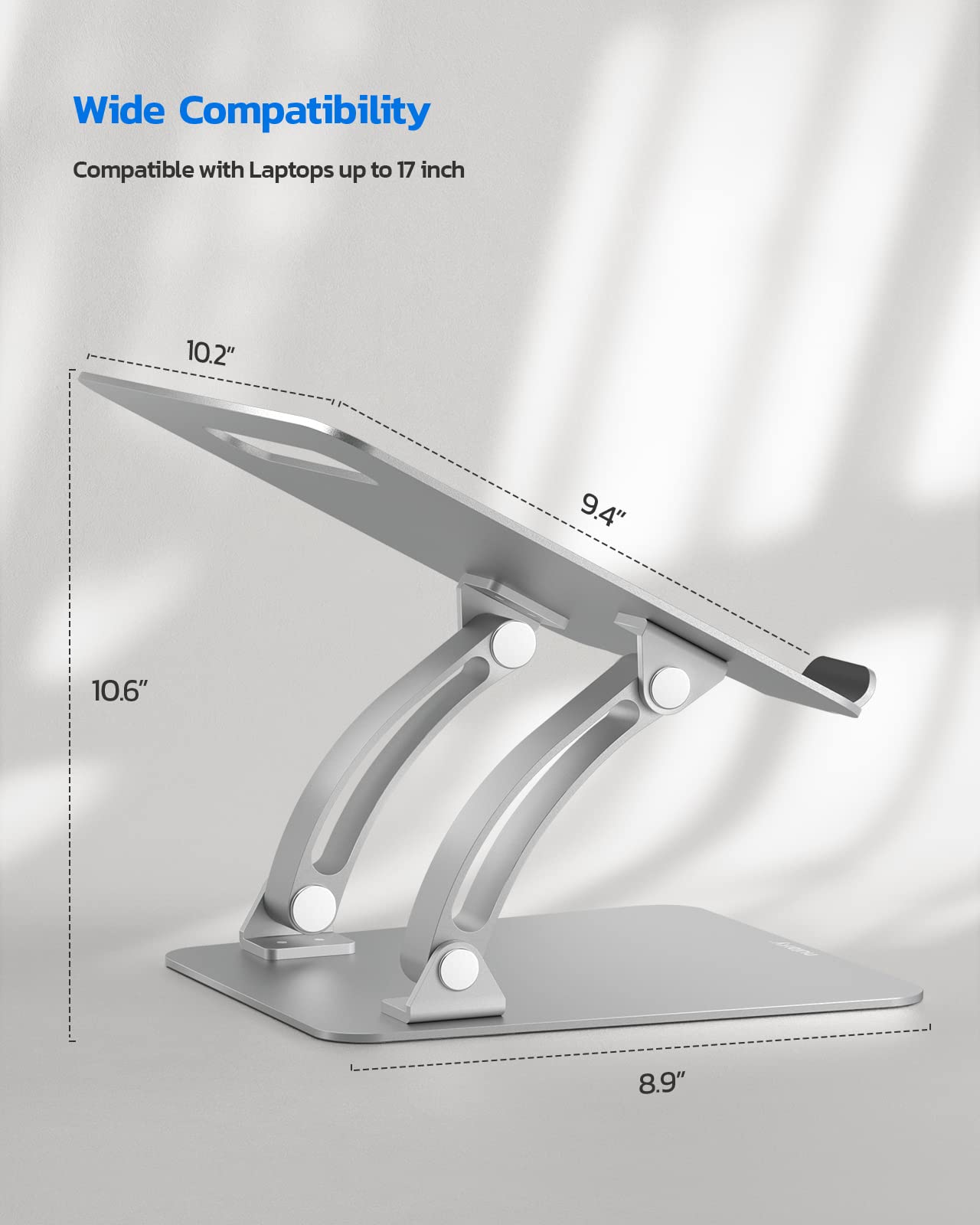 Nulaxy adjustable laptop stand with heat vent, foldable design, suitable for Mac laptops 10-17 inches, ergonomic desk riser.