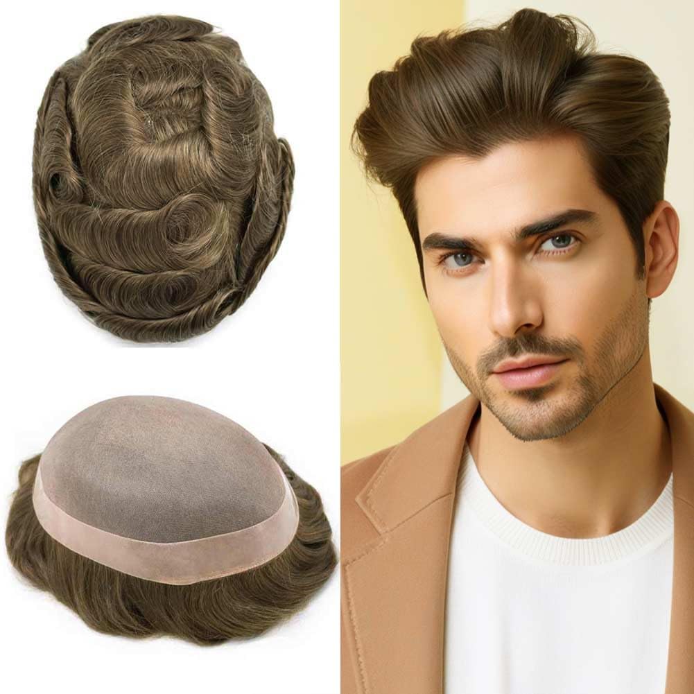Curve Hair Mens Toupee Human Hair Piece Replacement System Monofilament Wig Hair Unit for Men Durable Poly Coated Mens Hairpiece (#18 Medium Blonde, 7"X10")