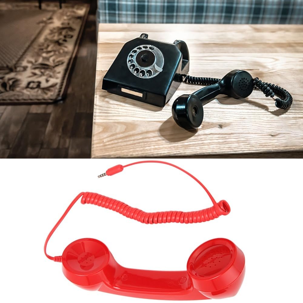 Red MOPFOL retro phone handset with coiled cord, 3.5mm jack, vintage style, anti-radiation design for smartphones and computers.