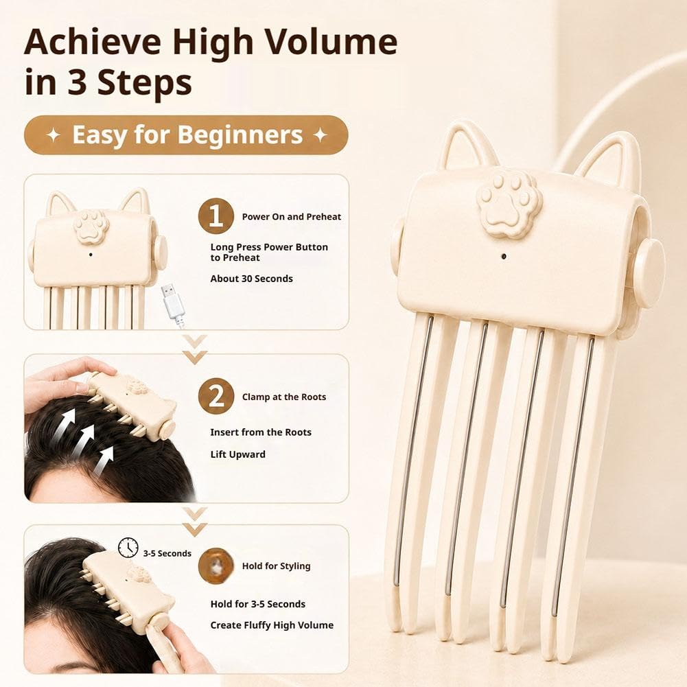 Heated root volumizer clip from Generic with 2 heat settings, USB rechargeable, cordless hair styling tool for quick volume touch-ups.