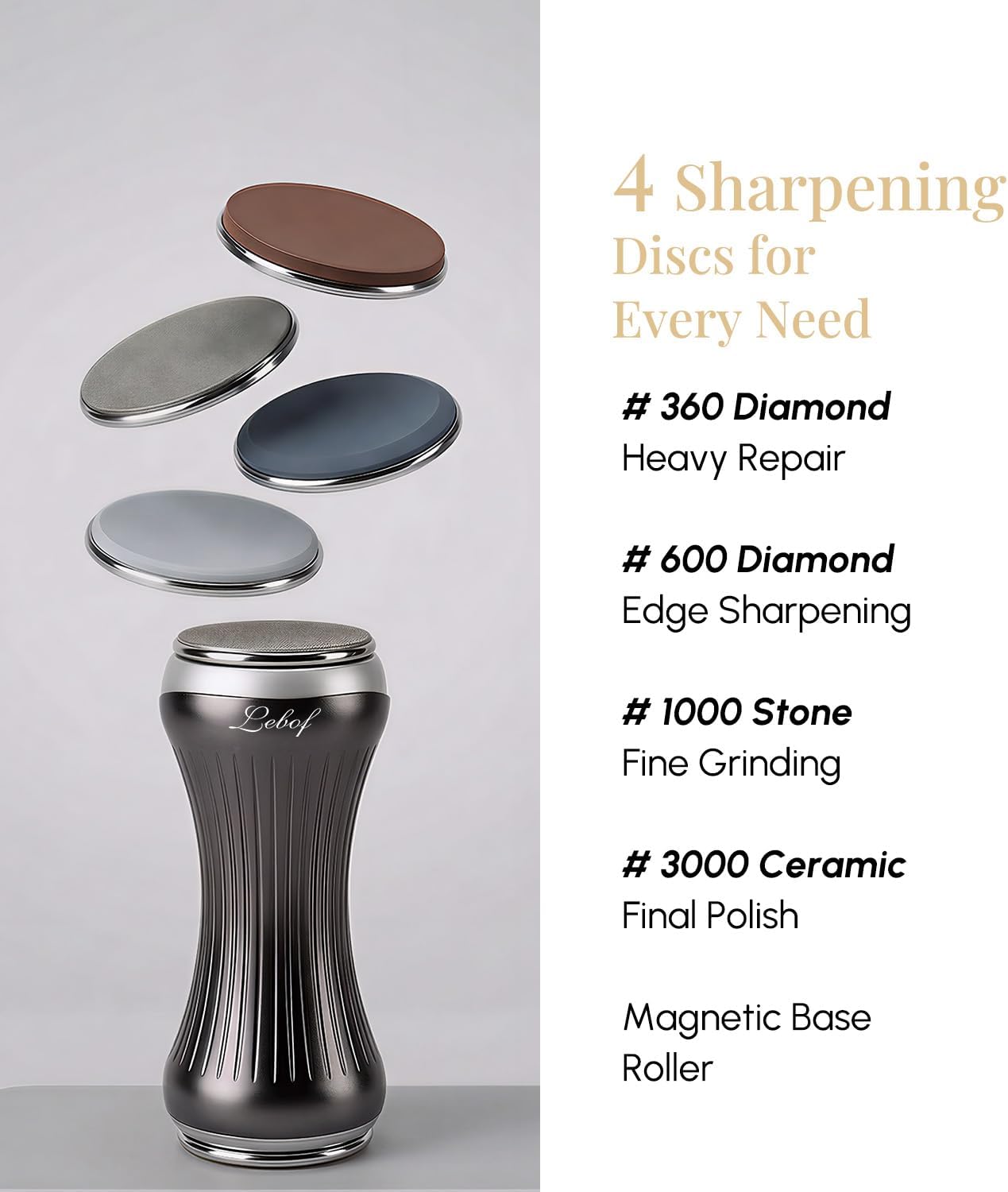 Lebof rolling knife sharpener with diamond disc, magnetic base, and four sharpening slots for precise blade maintenance.