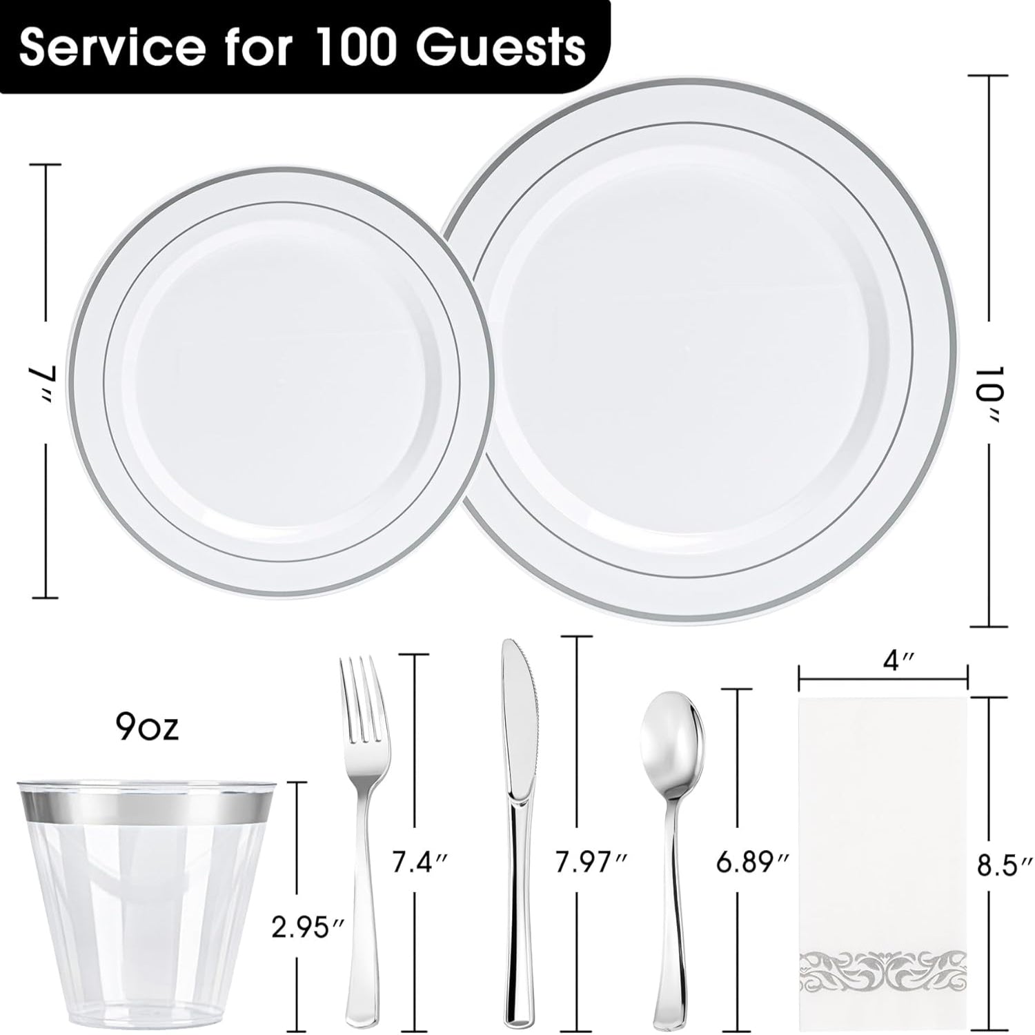 N9R 700-piece silver disposable dinnerware set for 100 guests, includes white plastic plates, cups, and utensils for parties.