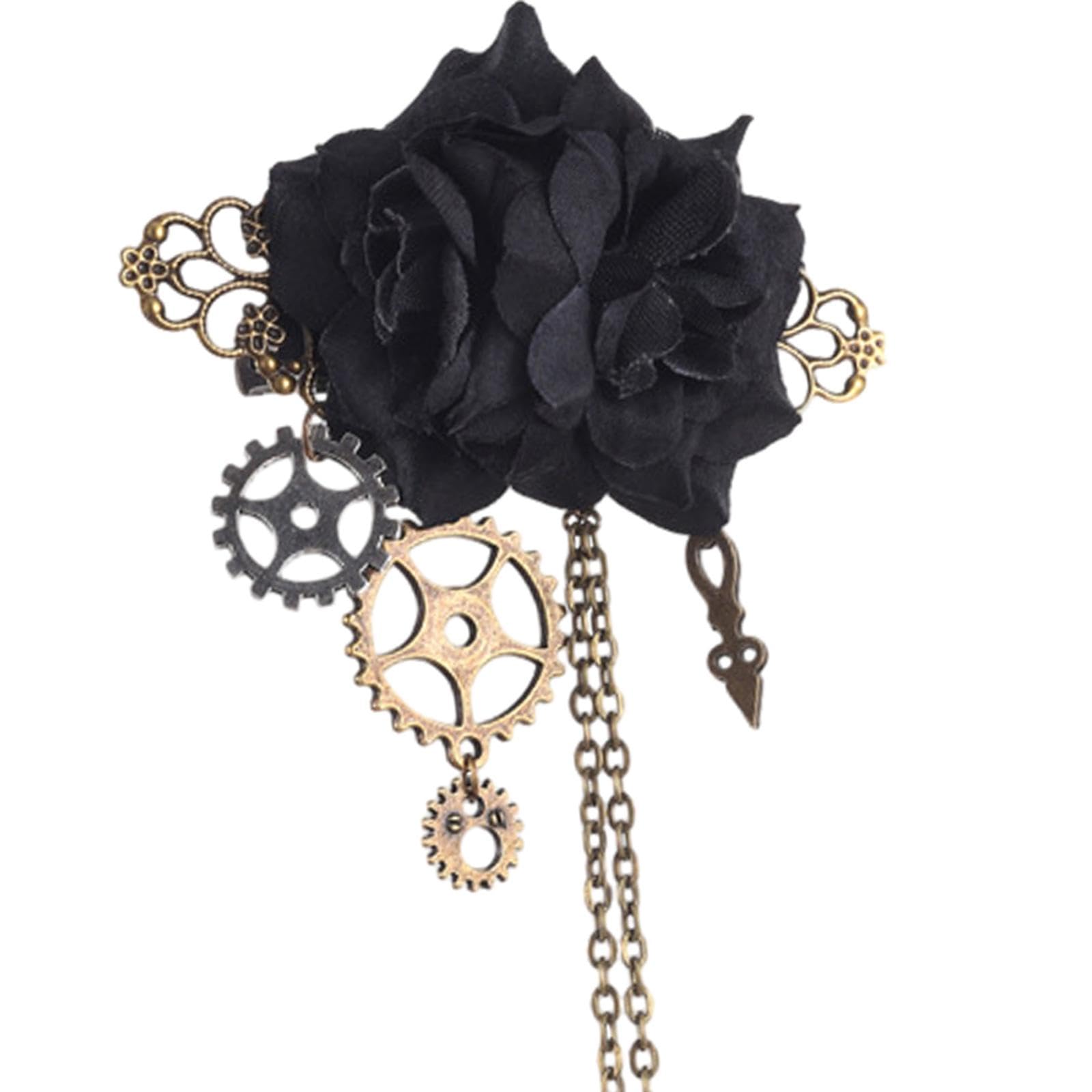 Gold steampunk tassel chain rose hair clip brooch with decorative tassels and intricate design, suitable for apparel or accessories.