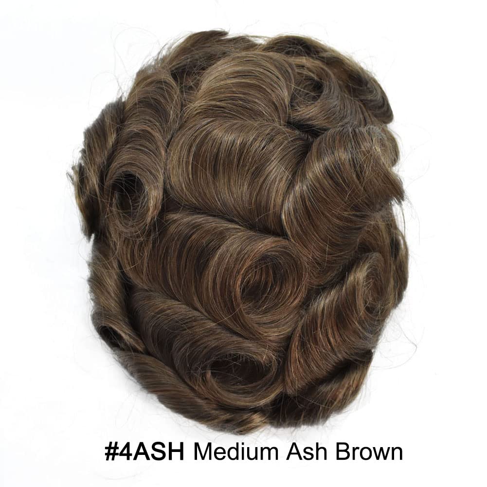 Curve Hair Mens Toupee Human Hair Piece Replacement System Monofilament Wig Hair Unit for Men Durable Poly Coated Mens Hairpiece (#4ASH Medium Ash Brown, 7"X9")