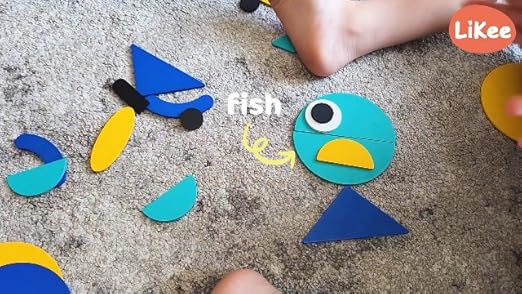 LiKee open-ended wooden shape puzzles with 36 blocks and 60 cards for toddlers, featuring colorful geometric shapes and educational design.