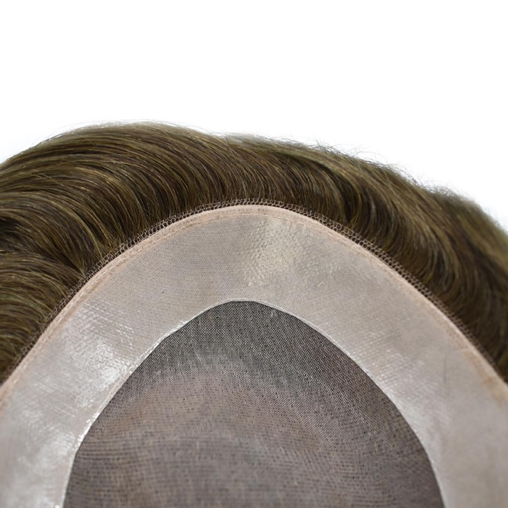 Curve Hair Mens Toupee Human Hair Piece Replacement System Monofilament Wig Hair Unit for Men Durable Poly Coated Mens Hairpiece (#520 Light-Med Brown+20% Gray, 6"X9")