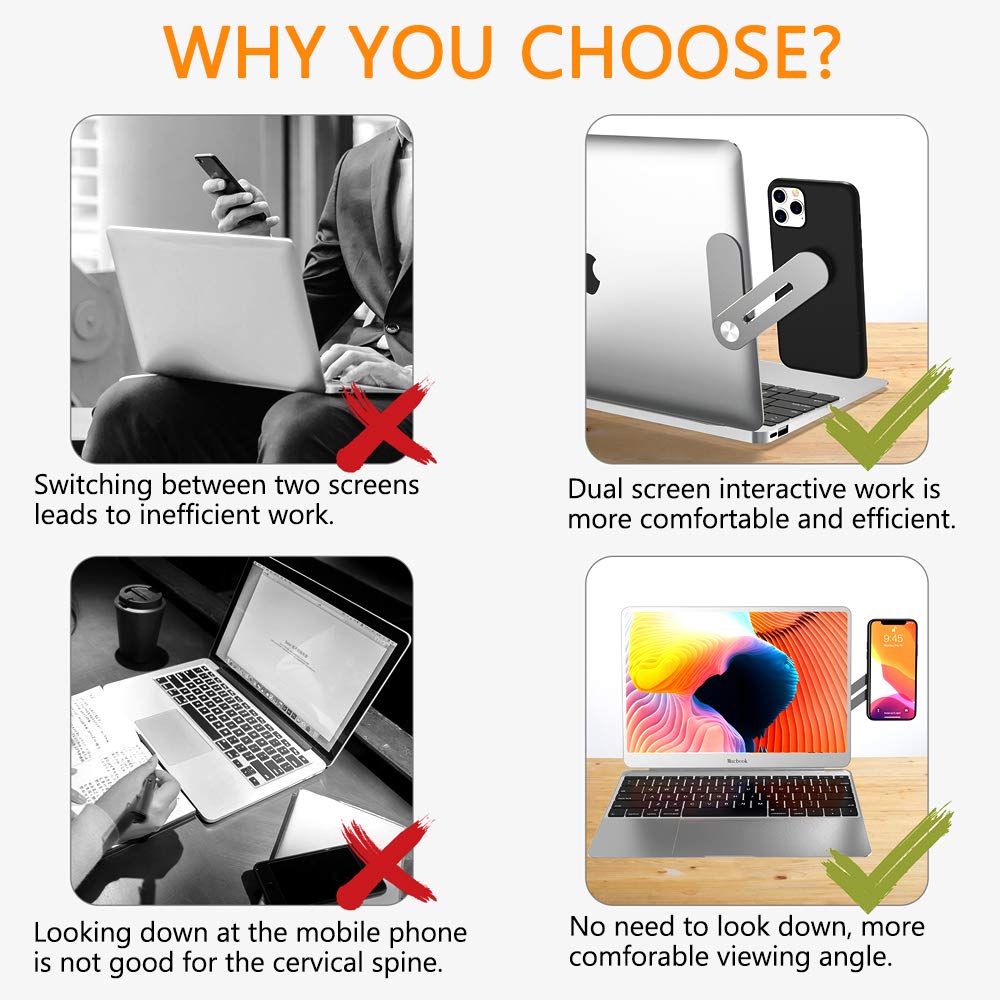 DK177 silver portable laptop phone holder mounted on a monitor, foldable smartphone stand for desktop or laptop use.