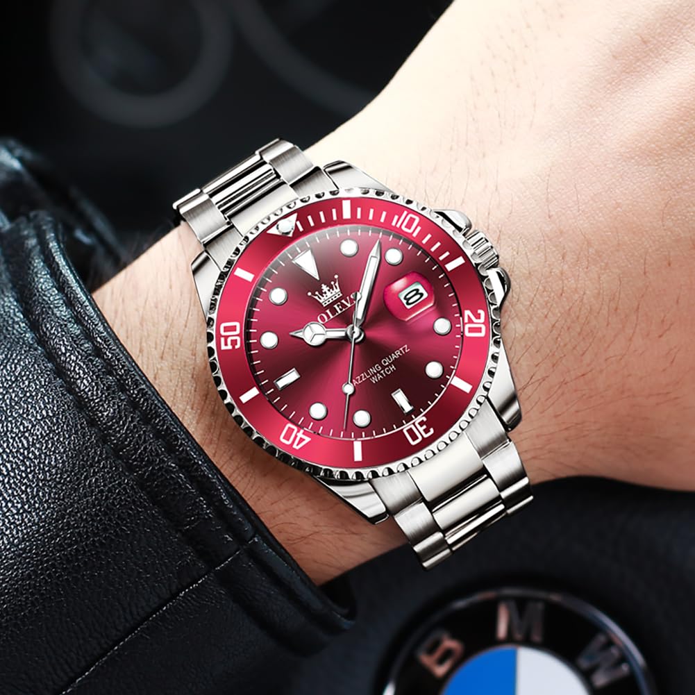 OLEVS Men's Silver & Red Dial Dress Watch Quartz Date Steel