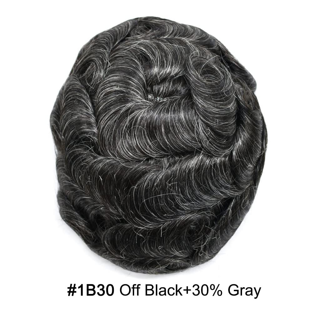 Curve Hair Mens Toupee Human Hair Piece Replacement System Monofilament Wig Hair Unit for Men Durable Poly Coated Mens Hairpiece (#1B30 Off Black+30% Gray, 6"X9")