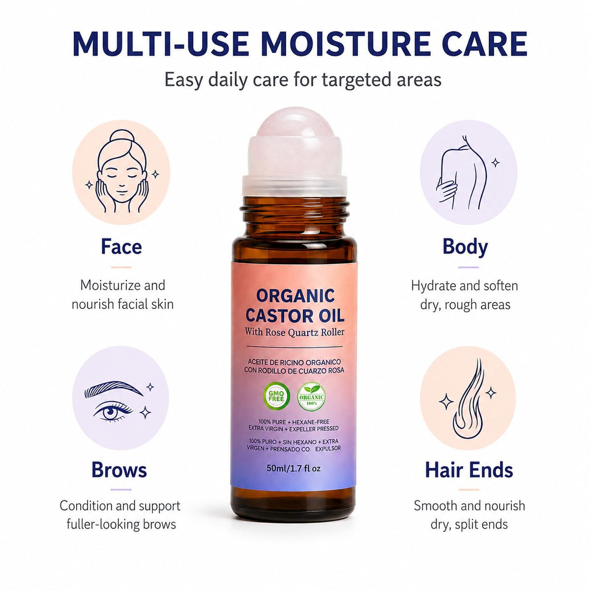 Organic Castor Oil Rose Cold Pressed With Rose Quartz Roller - LFuTPm Official Imagery - 4