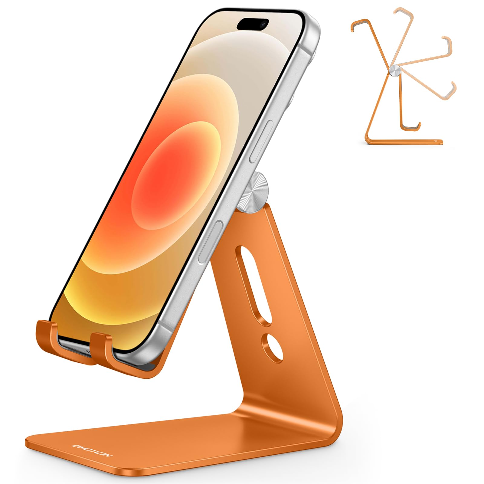 OMOTON Adjustable Cell Phone Stand, Aluminum Desktop Cellphone Stand with Anti-Slip Base and Convenient Charging Port, Fits All Smart Phones, Orange