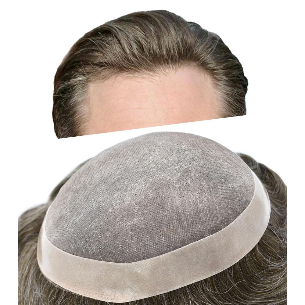 Curve Hair Mens Toupee Human Hair Piece Replacement System Monofilament Wig Hair Unit for Men Durable Poly Coated Mens Hairpiece (#640 Light Brown+40% Gray, 7"X9")