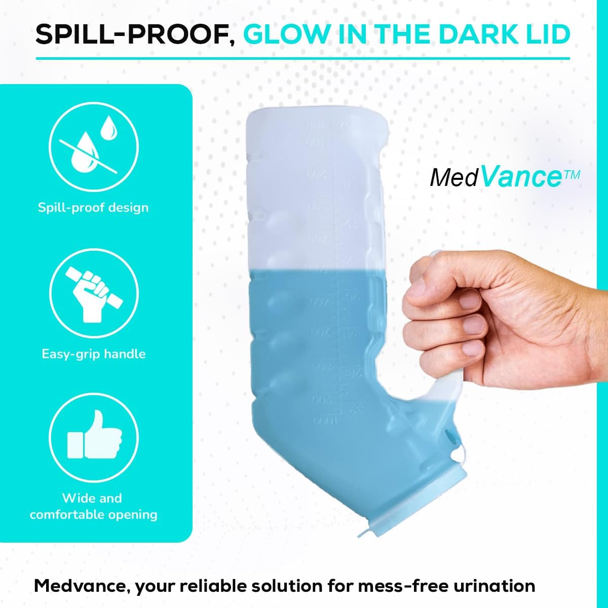 MedVance 1000ml portable men's urinals, spill-proof with glow feature, shown in a two-pack for easy use and convenience.