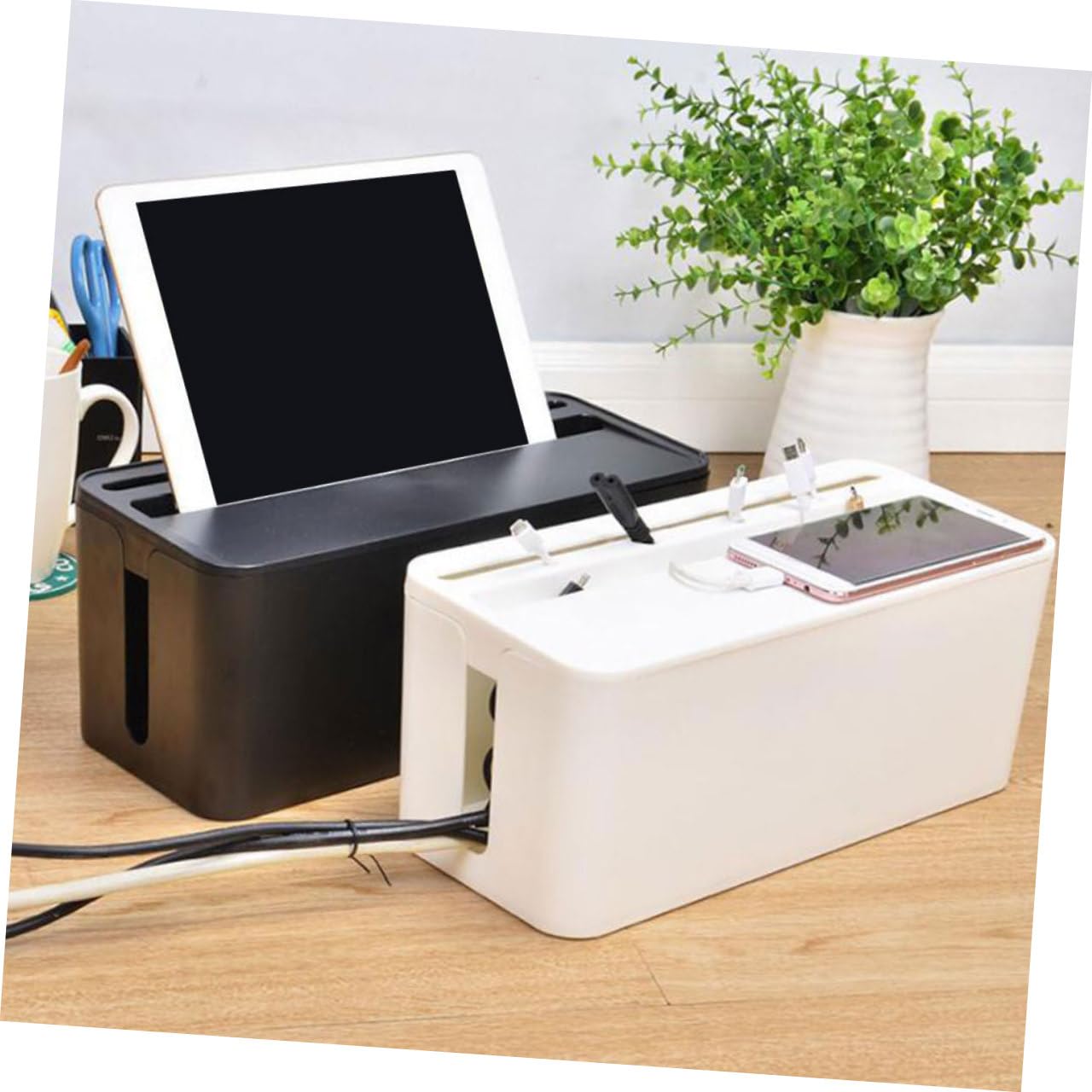Housoutil Black Plastic Wire Organizer Box with Lid for Cable Storage