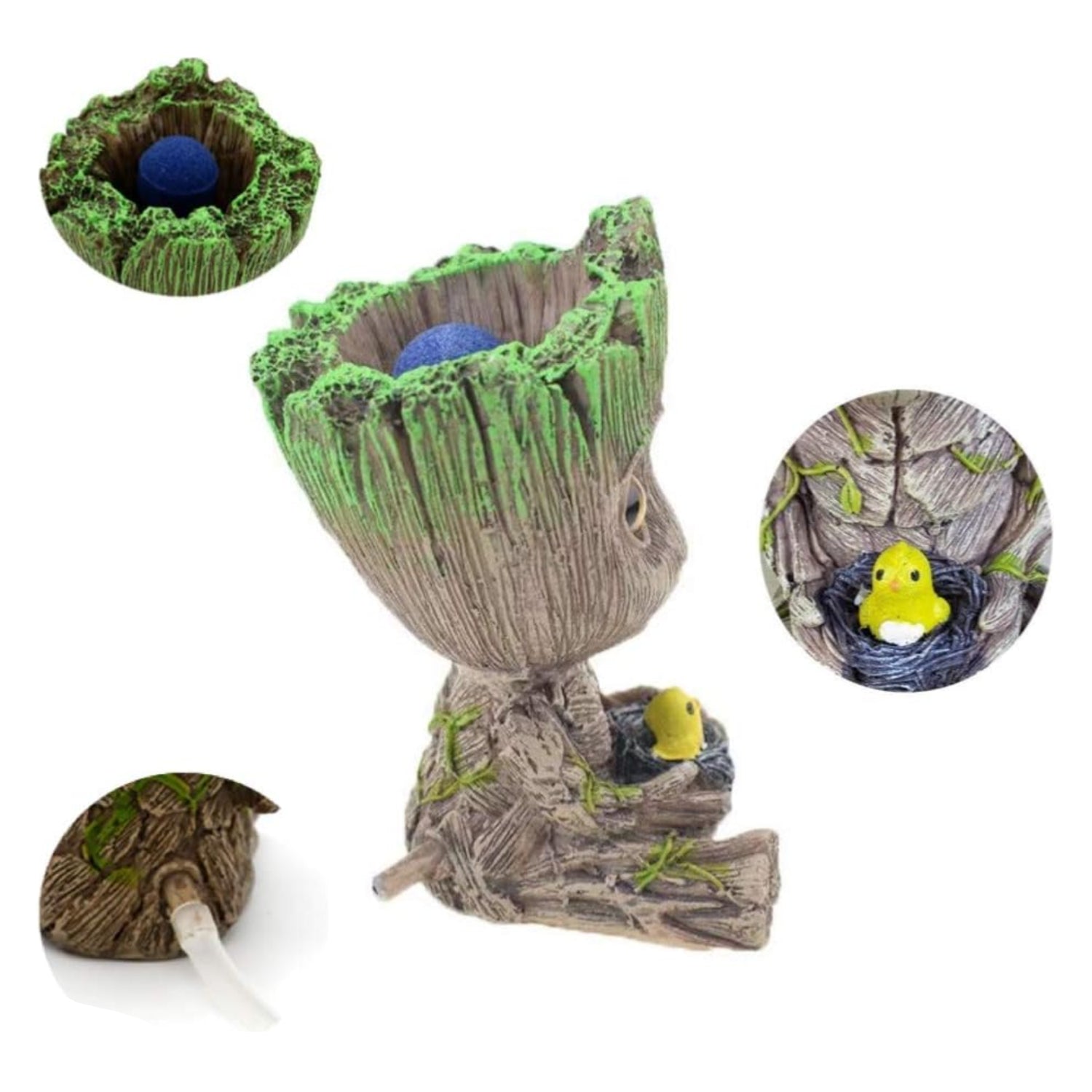 AnxunJim Aquarium Groot air bubbler decorations with fish tank air stone set, featuring Groot figure and bubbling air stones for fish tanks.