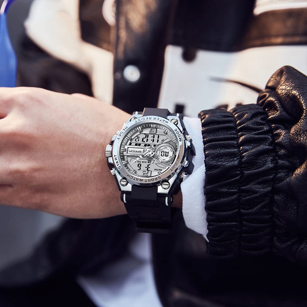 KXAITO Men's Military Sports Watch – LED, Dual Time, Silver