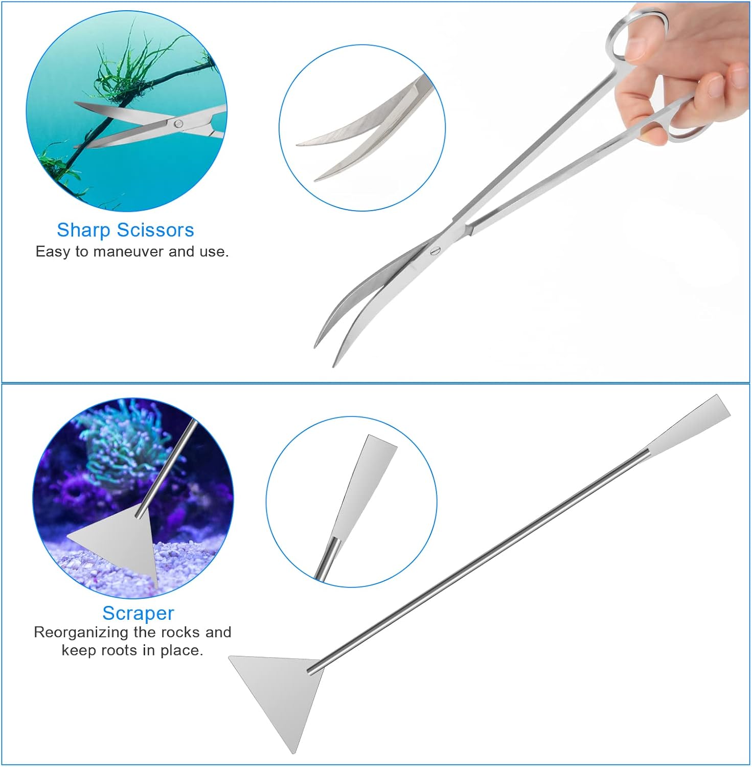 Liveek 8-in-1 extra long stainless steel aquarium aquascaping tools kit with plant trimming and planting tools for fish tanks.