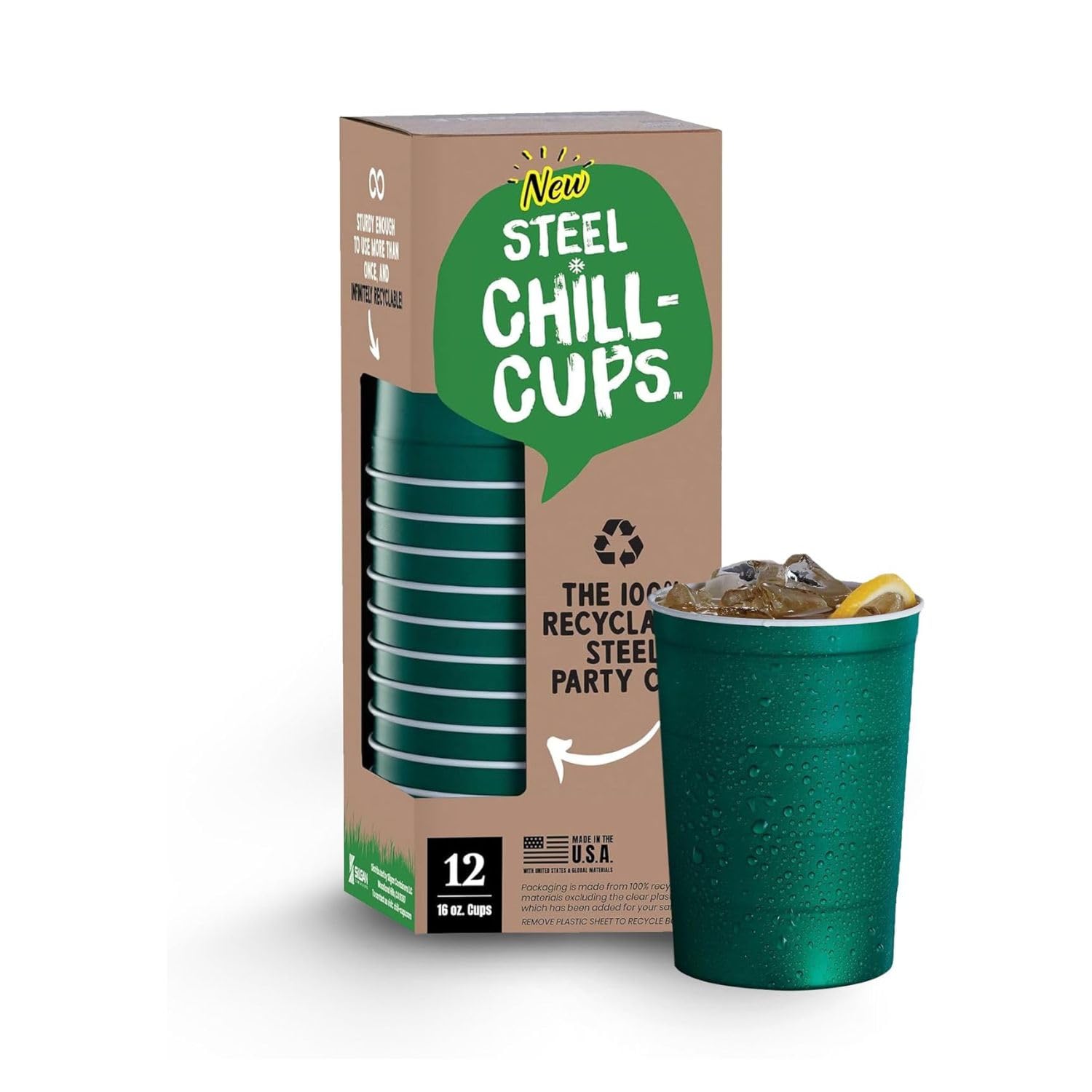 Steel Chill Cups 16 oz. Durable & Reusable Party Cups, Green, 12 - Product Imagery