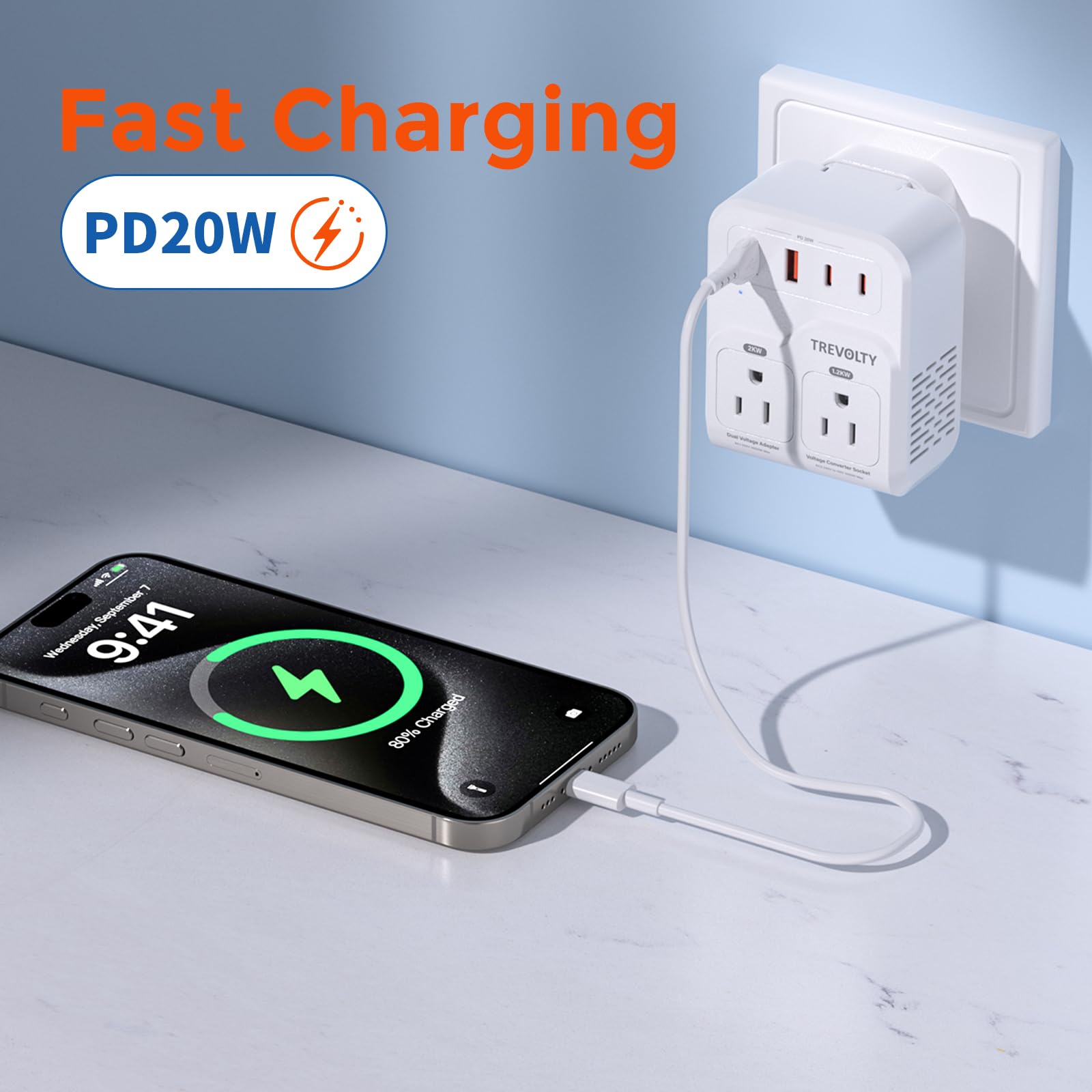 TREVOLTY 2000W voltage converter for hair dryers, US to Europe, 7-in-1 travel adapter with multiple ports in white