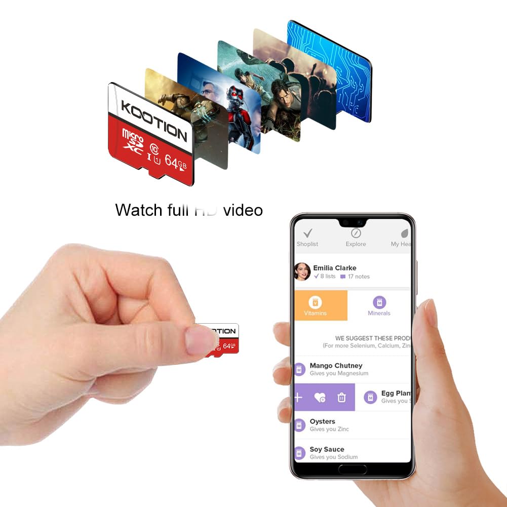 KOOTION 64GB Micro SDXC memory cards in a 2-pack, Class 10 UHS-I flash cards with adapters for smartphones, cameras, and tablets.