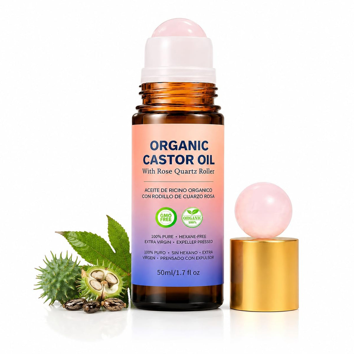 Organic Castor Oil Rose Cold Pressed With Rose Quartz Roller - LFuTPm Official Imagery - 2