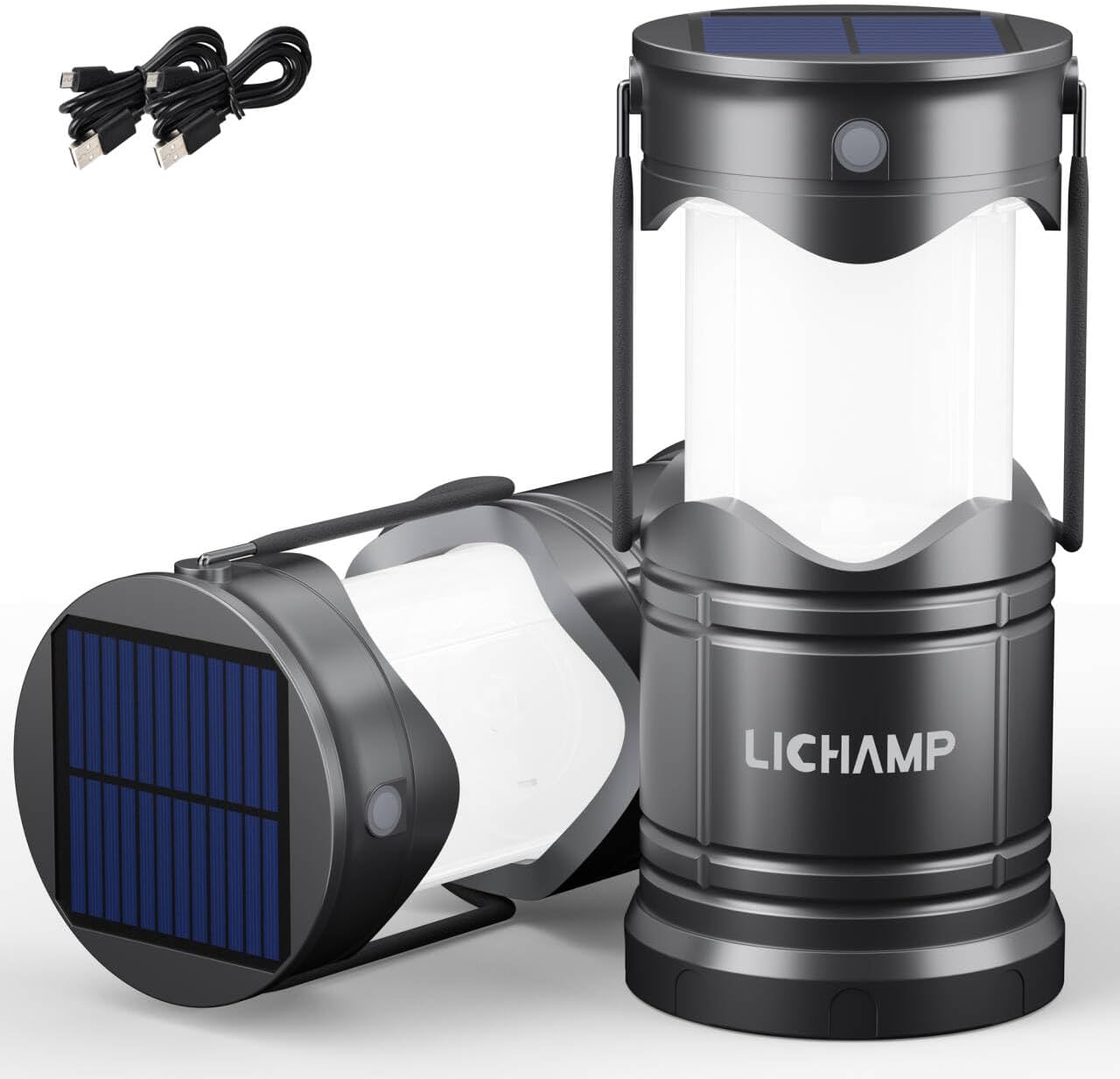 Lichamp 2-pack solar camping lanterns with USB rechargeable LED lights, battery-powered outdoor camping and hiking illumination