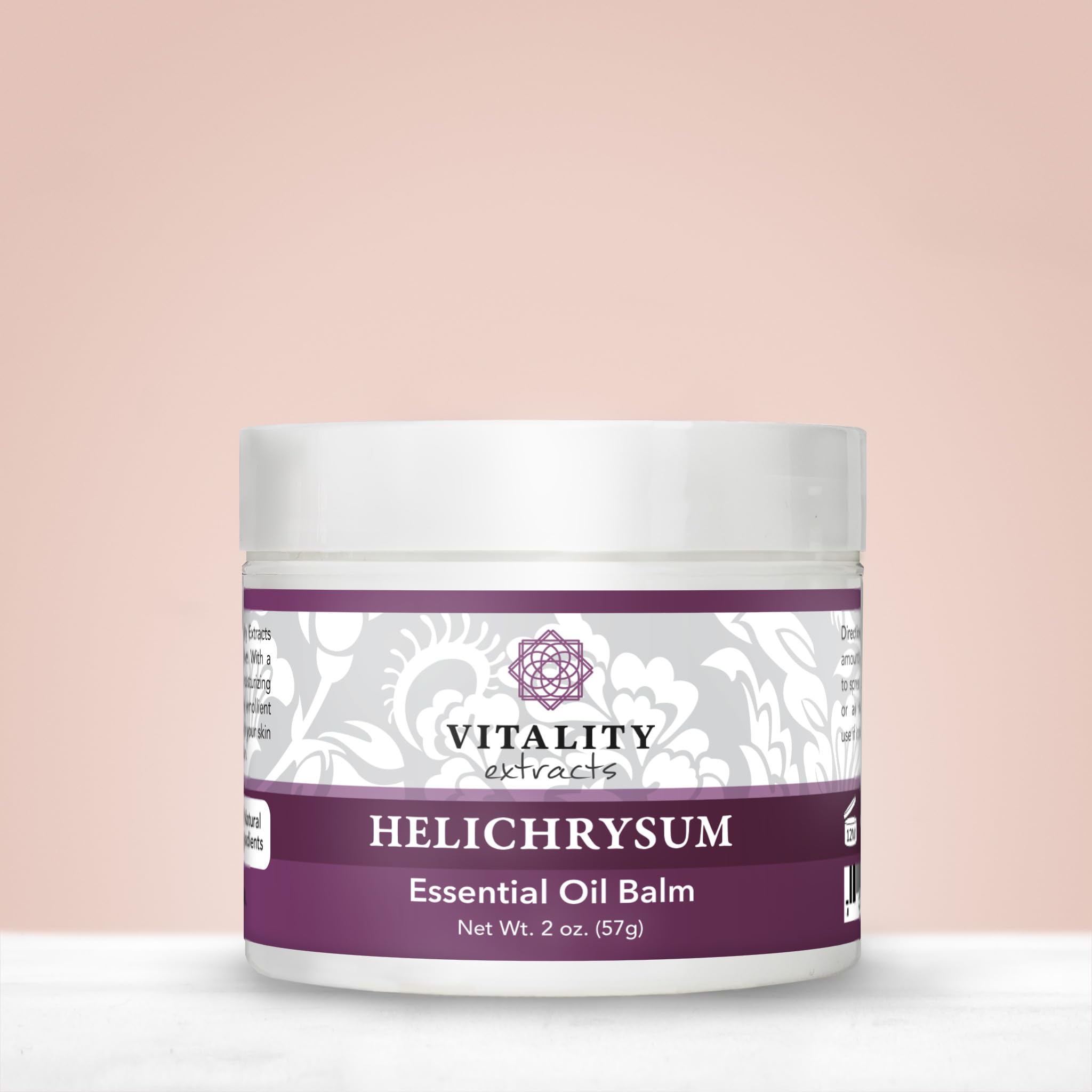Vitality Helichrysum Balm, skin healing moisturizer in a 2oz jar, with a smooth, nourishing texture for skin hydration and repair.