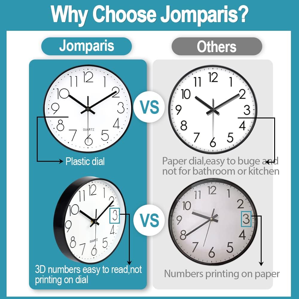 Jomparis 12-inch modern wall clock with silent quartz movement, battery operated and non-ticking, black frame and minimalist design