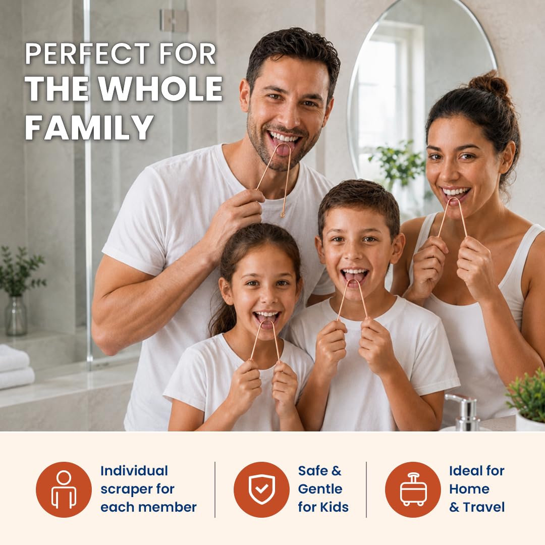 Pure Copper Tongue Scraper for Adults and Kids - 4 Pack Premium Ayurvedic Metal Tongue Cleaner Set, Fresh Breath Hygiene Support, Travel-Friendly, USA-Based Seller - Natruveda Official Product View 7