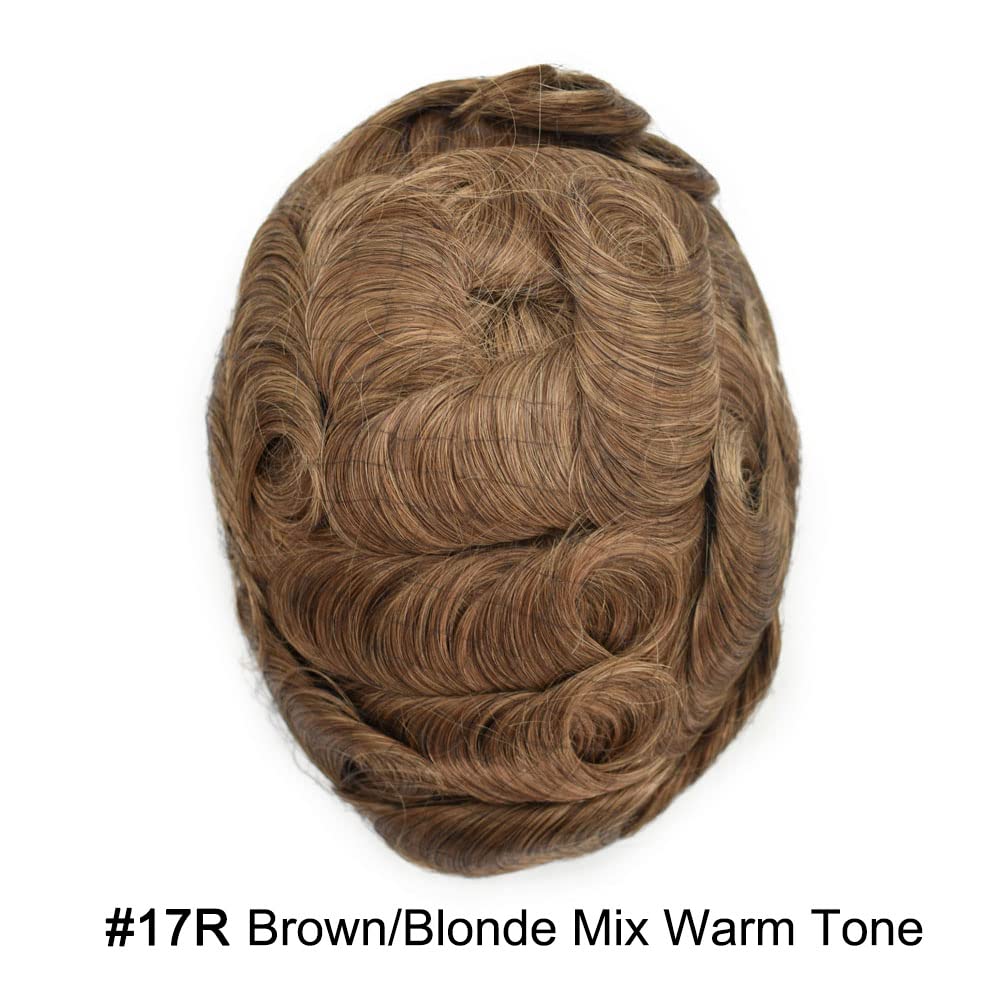 Curve Hair Mens Toupee Human Hair Piece Replacement System Monofilament Wig Hair Unit for Men Durable Poly Coated Mens Hairpiece (#17R Brown/Blonde Mix Warm Tone, 6"X8")