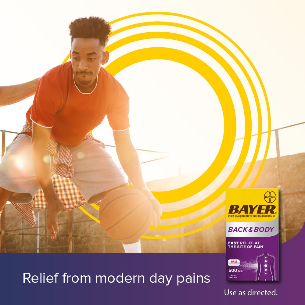 Bayer Back & Body 500mg Aspirin Plus Caffeine for Powerful Pain Relief, 200 Coated Caplets