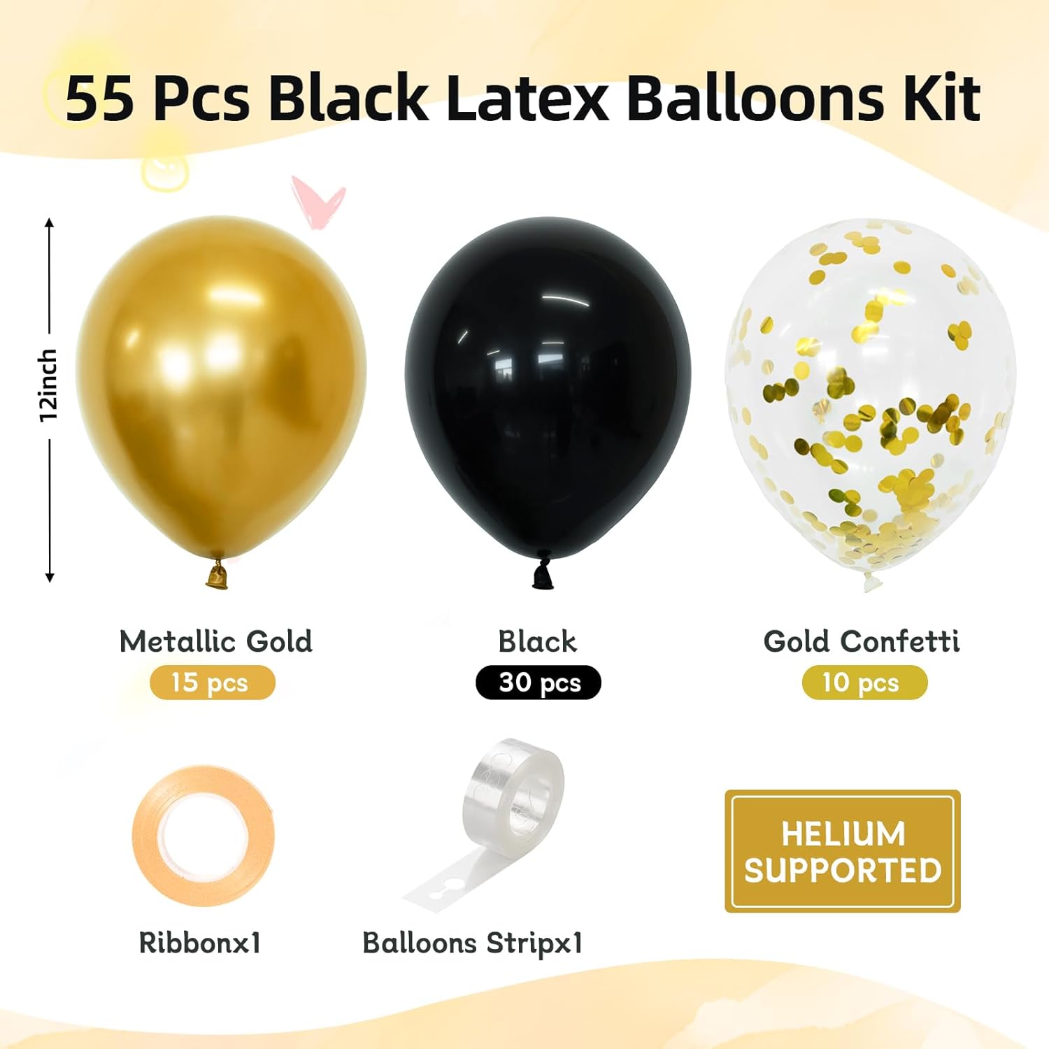 Patimate Black Gold Confetti Balloons Set, 50 pcs 12 inch Metallic Gold Black