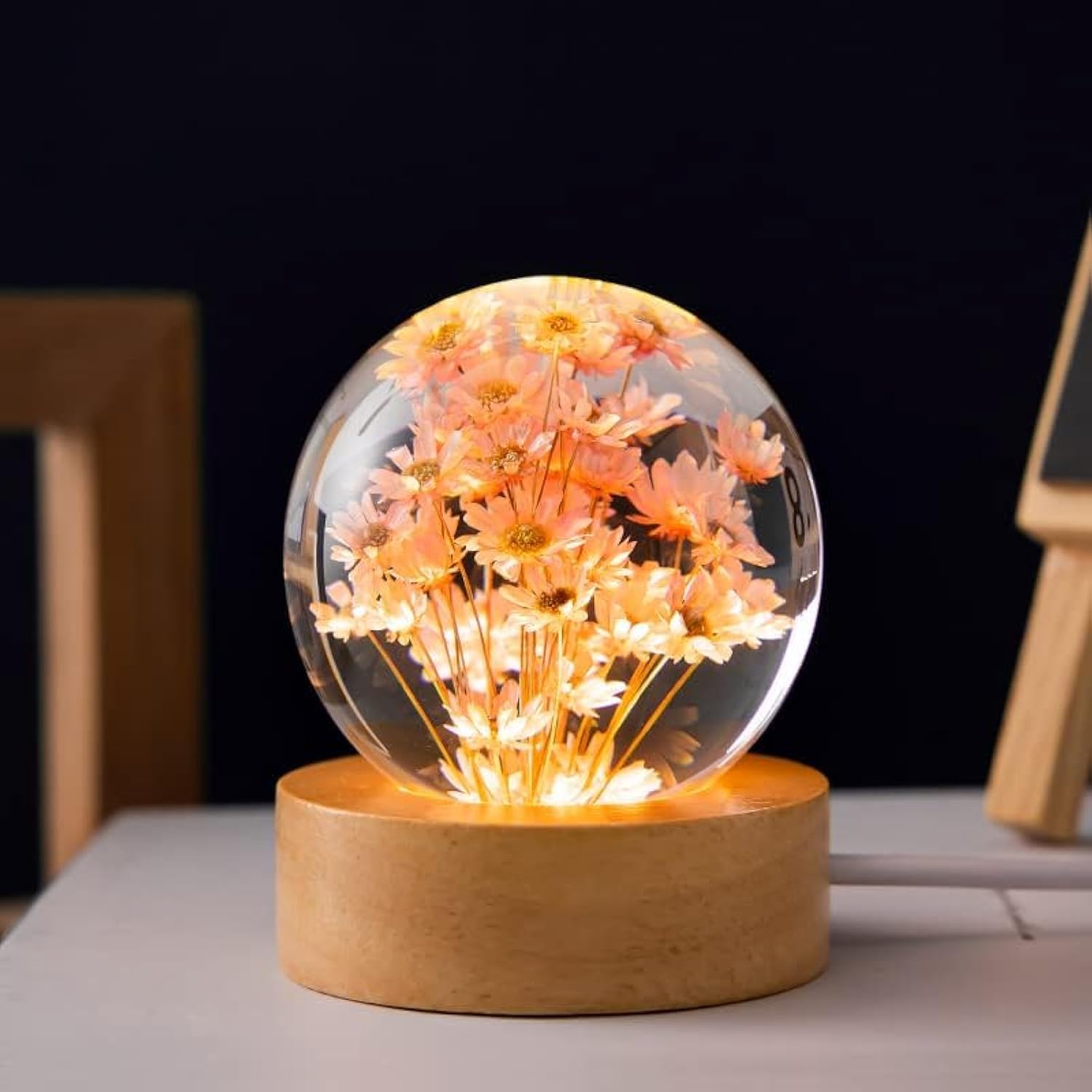 Red daisy flower crystal ball night light with wooden base, 2.4-inch glass lamp, decorative night lamp by MARZIUS.