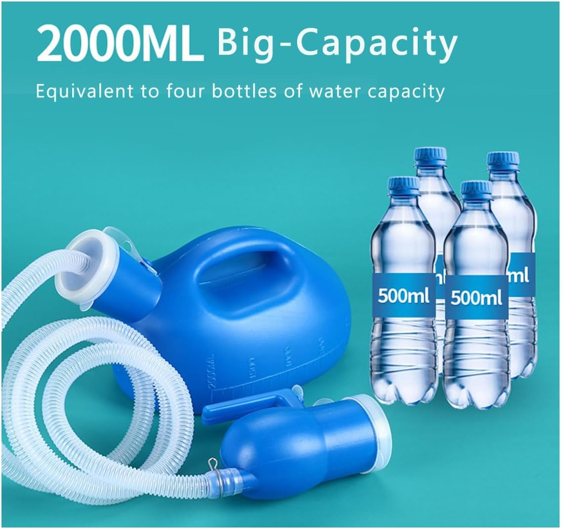 Blue male urinal bottle by YEYSXSY with 68 oz capacity, 59-inch hose, lid, and portable design for men.