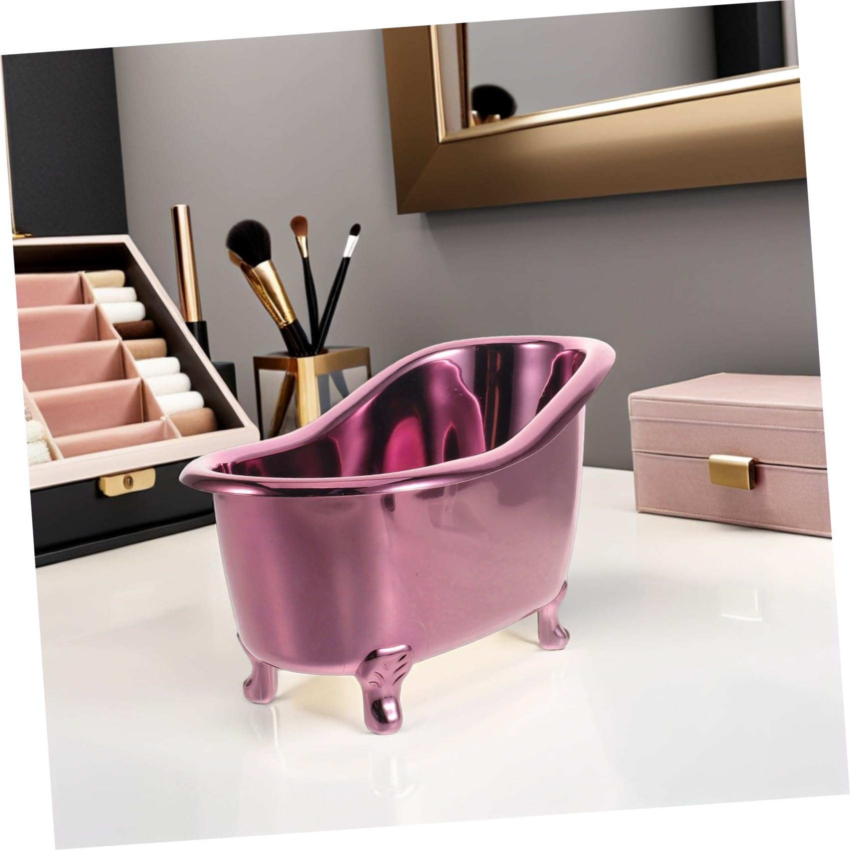 ULTECHNOVO Mini Bathtub Cosmetic Storage Organizer Box, Metal Purple 25x13x15cm, Desktop Makeup Display Stand for Skincare and Nail Polish, Bathroom Counter Sundry Storage Holder