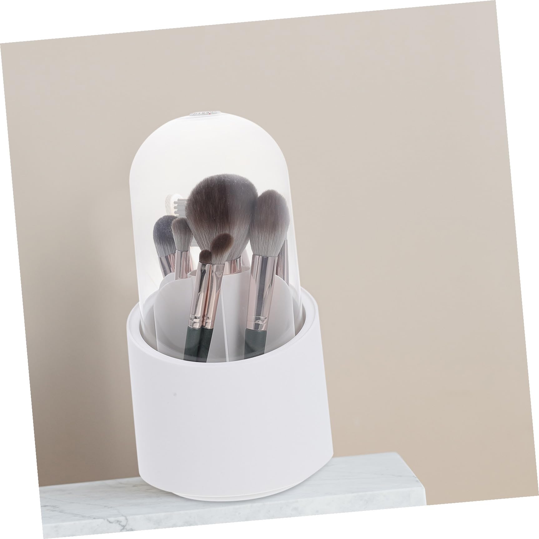 BEBEMOKO white 360° rotating makeup brush holder and stand, desktop organizer for professional and home cosmetic brushes.