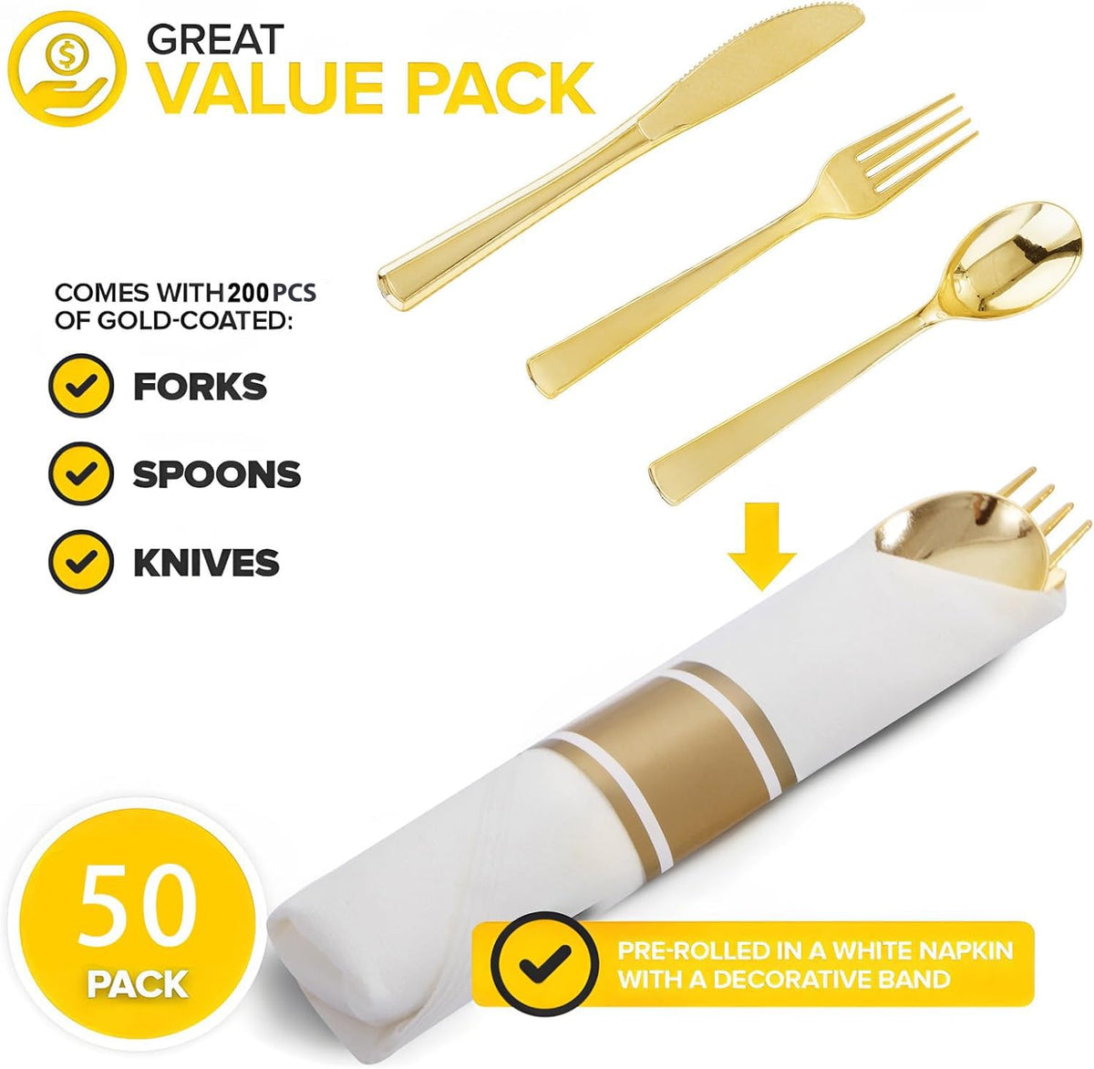 50Pack Pre Rolled Gold Plastic Silverware Set Heavy Duty for - Joyido Official Imagery - 3
