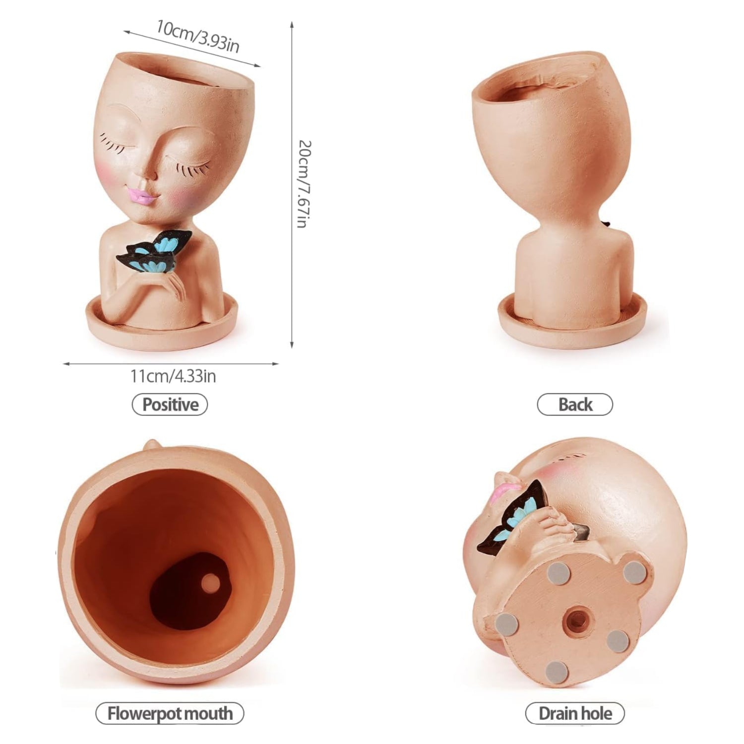 WEWEOW face planters for outdoor succulents, resin flower pots with drainage holes, featuring cute lady face design for gardening.