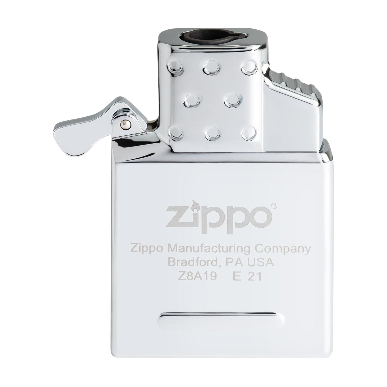 Zoomed-in image of a Zippo single torch butane lighter insert showing metal construction and ignition mechanism.