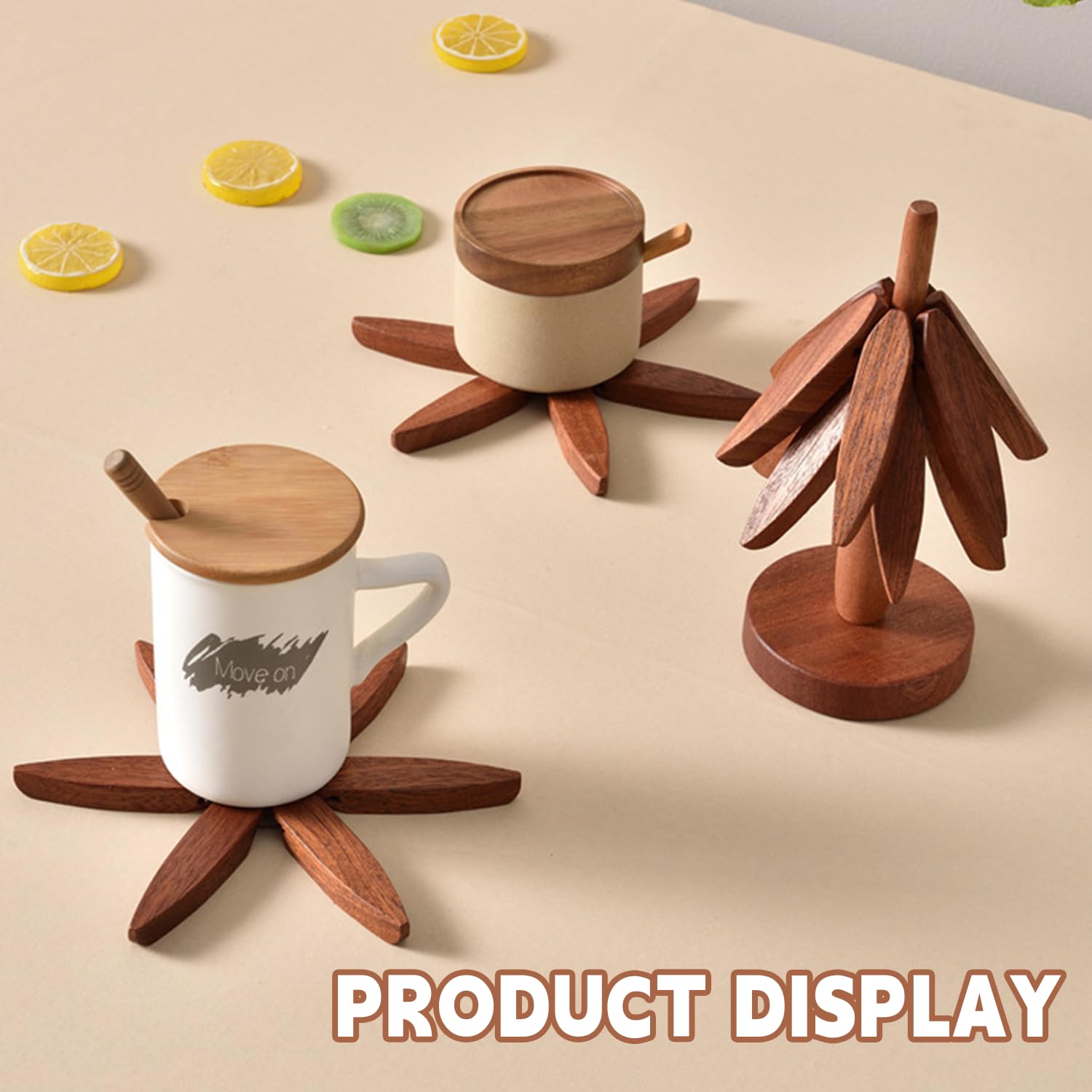OFCTE Wooden Trivets for Hot Dishes, Tree Shape Trivet Set, 4 Walnut W - View 2