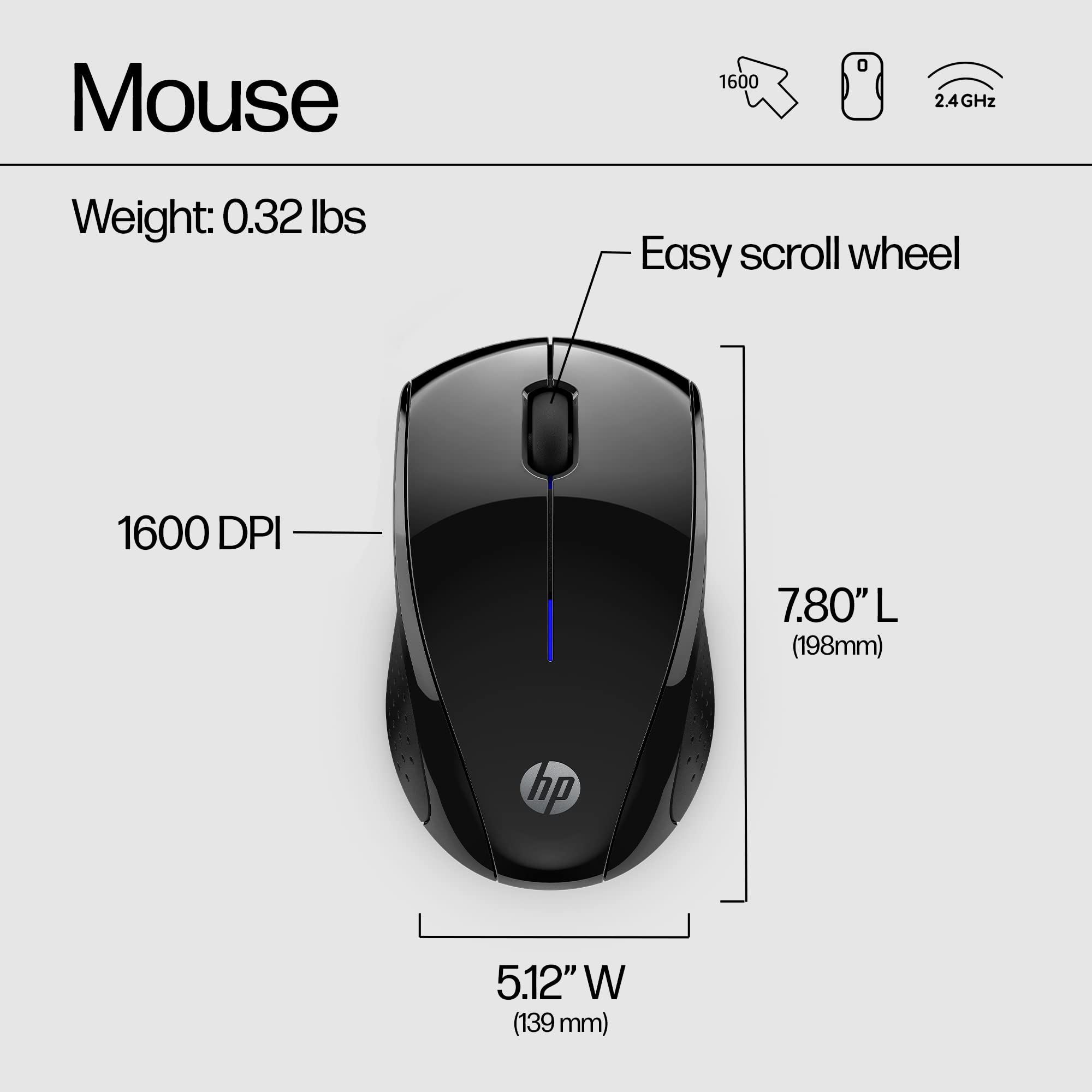 HP X3000 G3 wireless mouse in black with blue LED, 1600 DPI sensor, side grips, travel-friendly design, compatible with PC, Mac, Chromebook