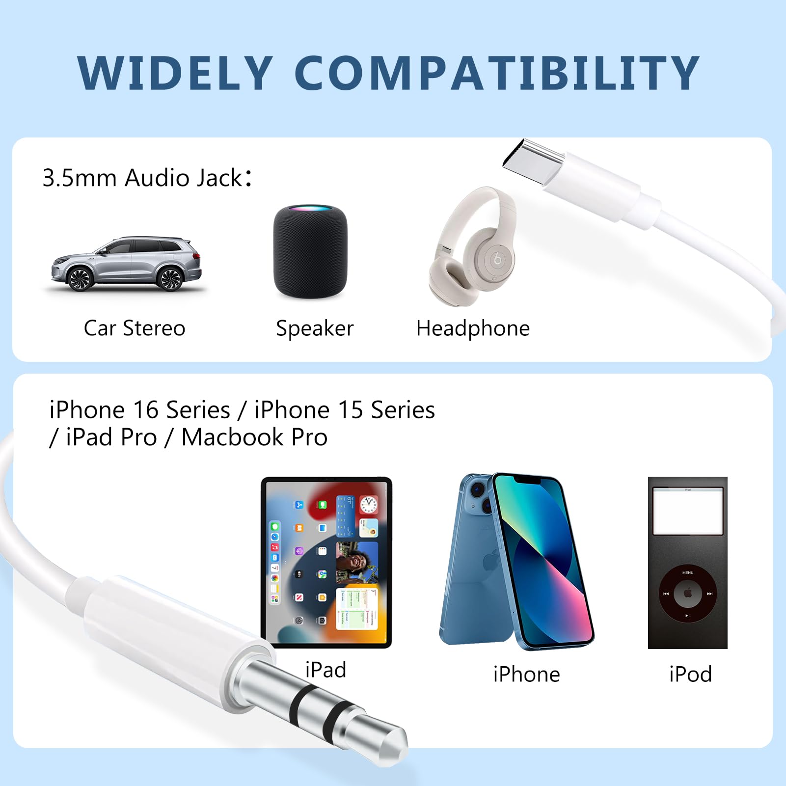 Seulliya USB-C to 3.5mm audio aux cable, 3.3 ft, white stereo headphone cord for iPhone, Samsung Galaxy, and Android devices.