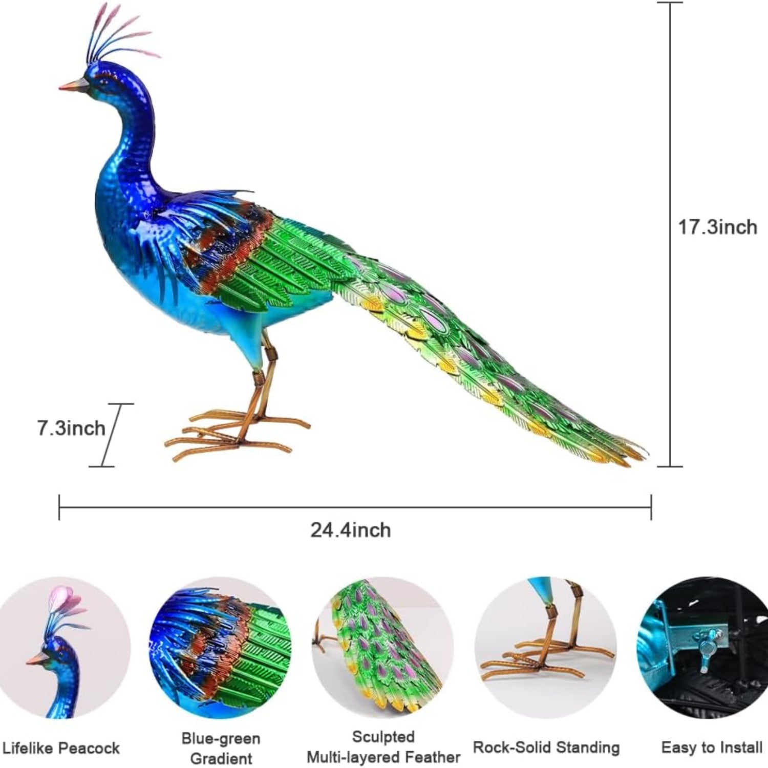 Large metal peacock garden statue by YEAHOME, 24.4 inches tall, standing outdoor decor with intricate feather details