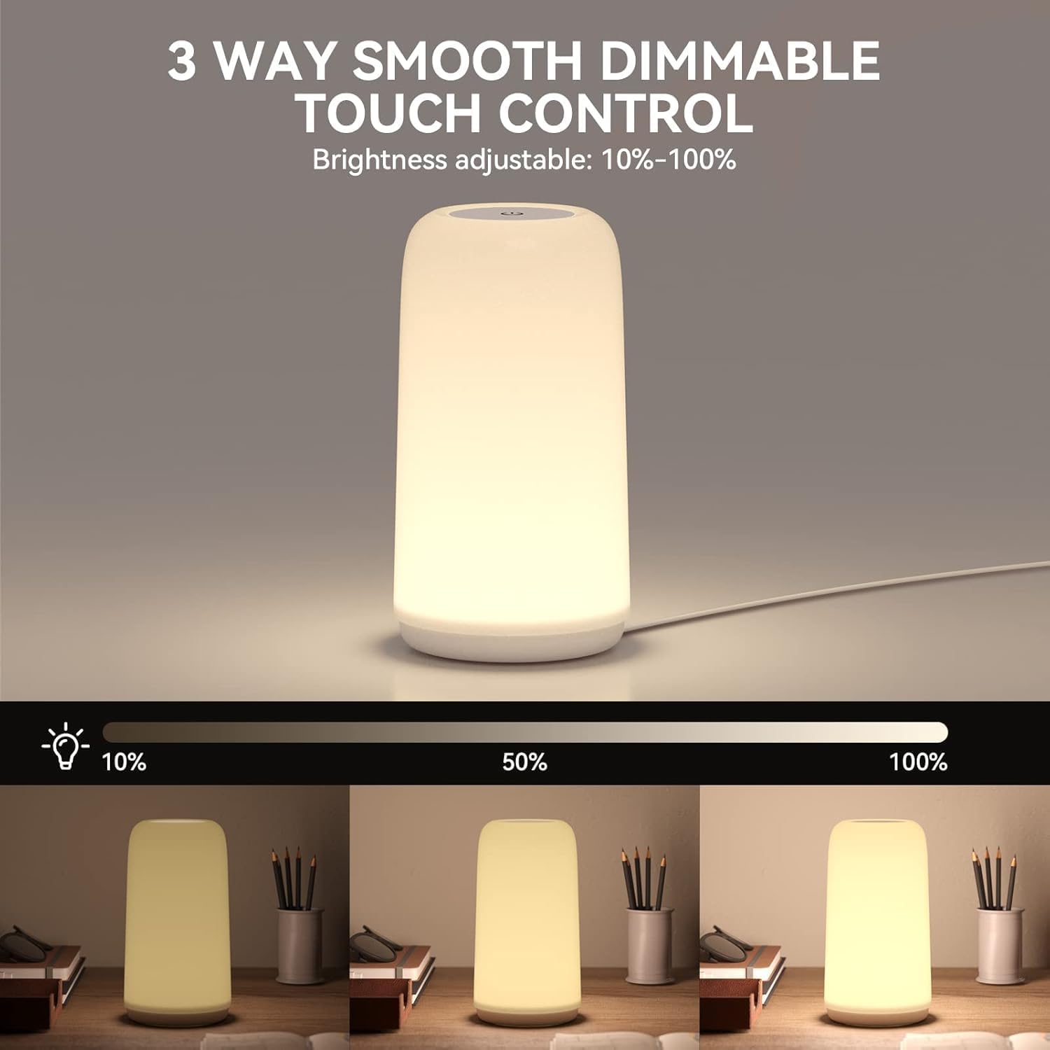 ROOTRO Touch Bedside Table Lamp with sleek design, RGB lighting, and 3-way dimmable features on a modern nightstand.