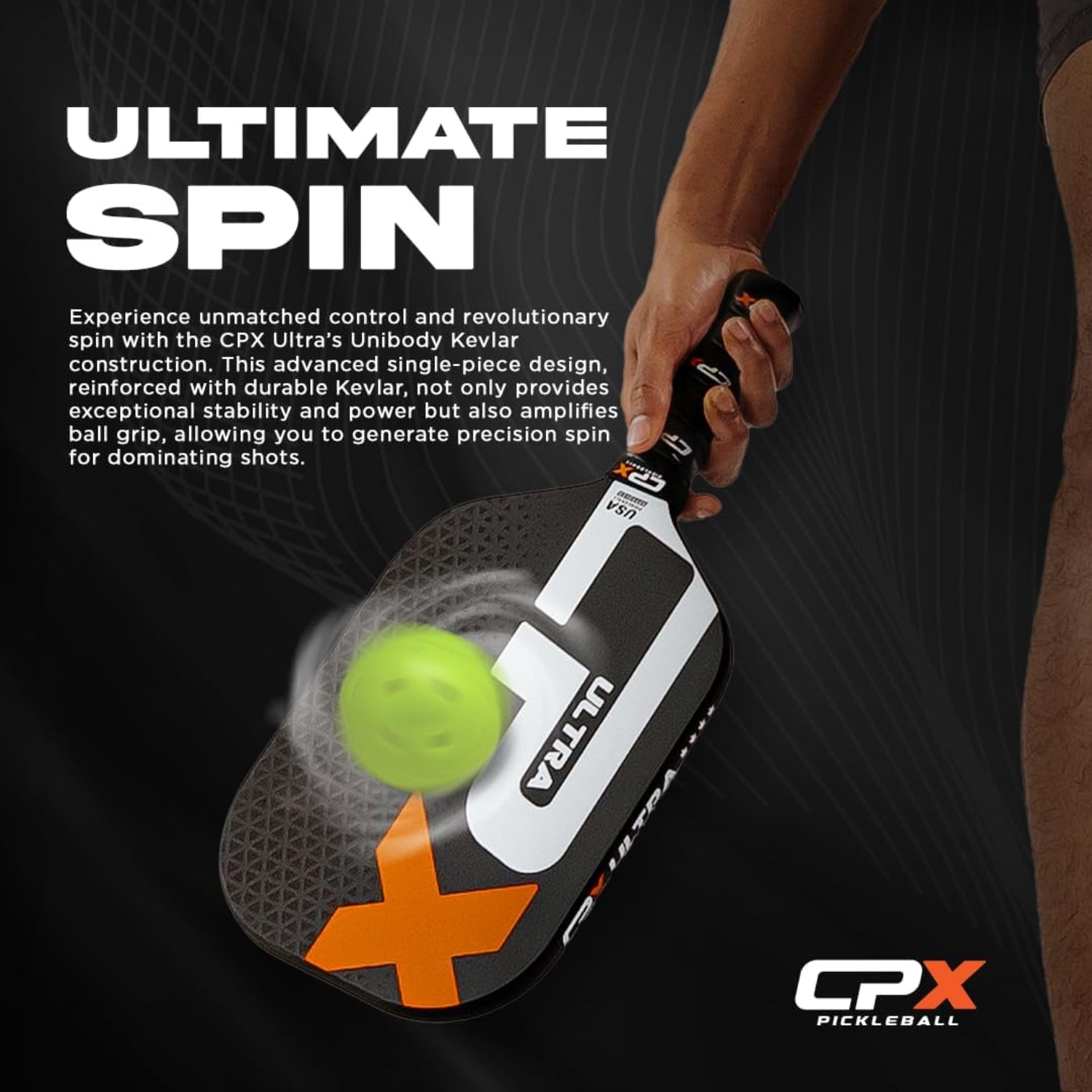 CPX Ultra Series fiber-reinforced pickleball paddle with 16mm thickness, featuring a durable surface and ergonomic handle.