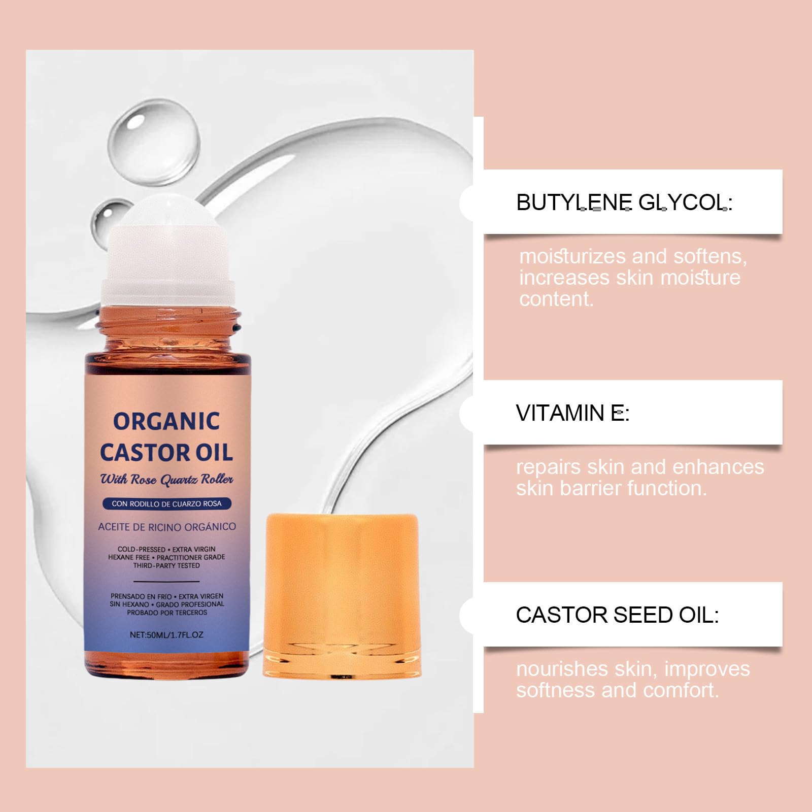 Vitacamy Organic Castor Oil with Rose Quartz Roller Ball,100% Pur - Vitacamy Official Product View 6