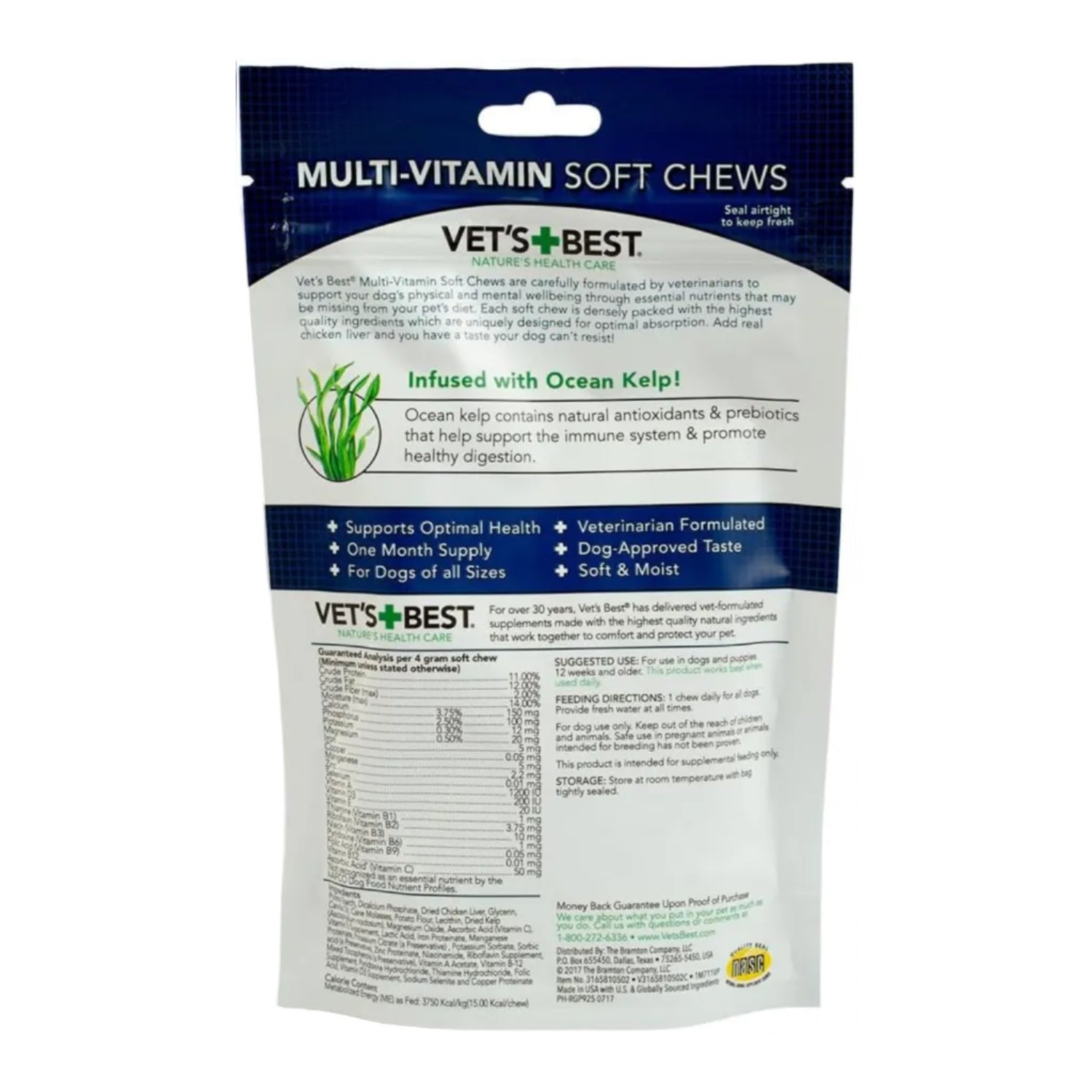 Vet's Best Multi-Vitamin Soft Chews for dogs, showing a container of vitamin supplements with soft chew treats inside.